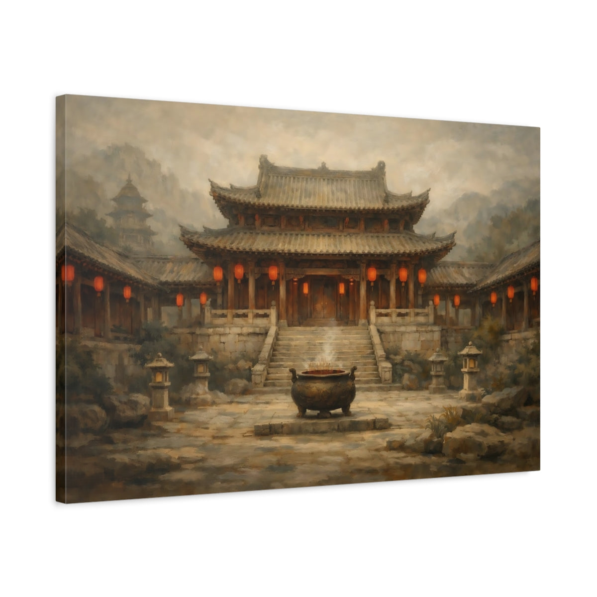 Side Mockup 2. Vintage Asian Temple Brown Red Temple shown as stretched canvas wall art
