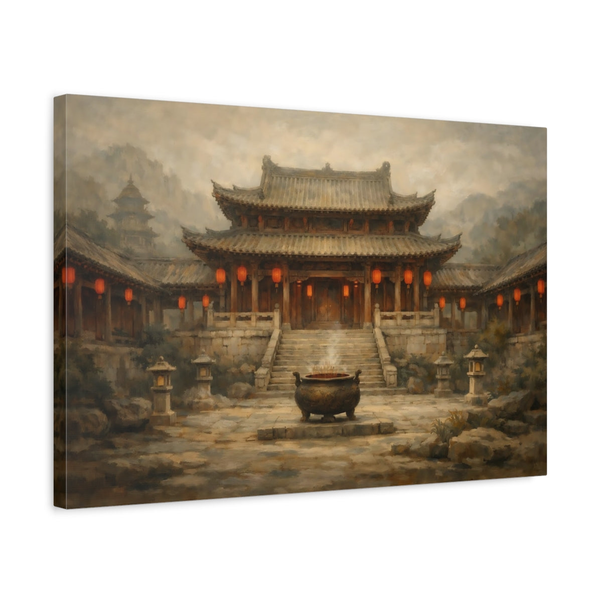 Side Mockup 3. Vintage Asian Temple Brown Red Temple shown as stretched canvas wall art