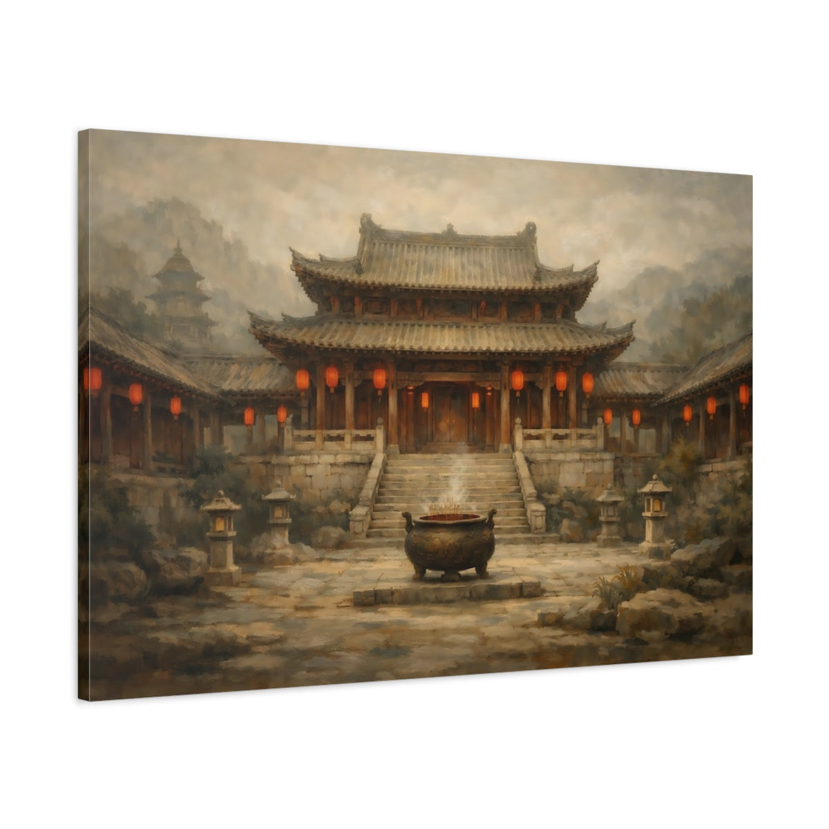 Side Mockup 1. Vintage Asian Temple Brown Red Temple shown as stretched canvas wall art