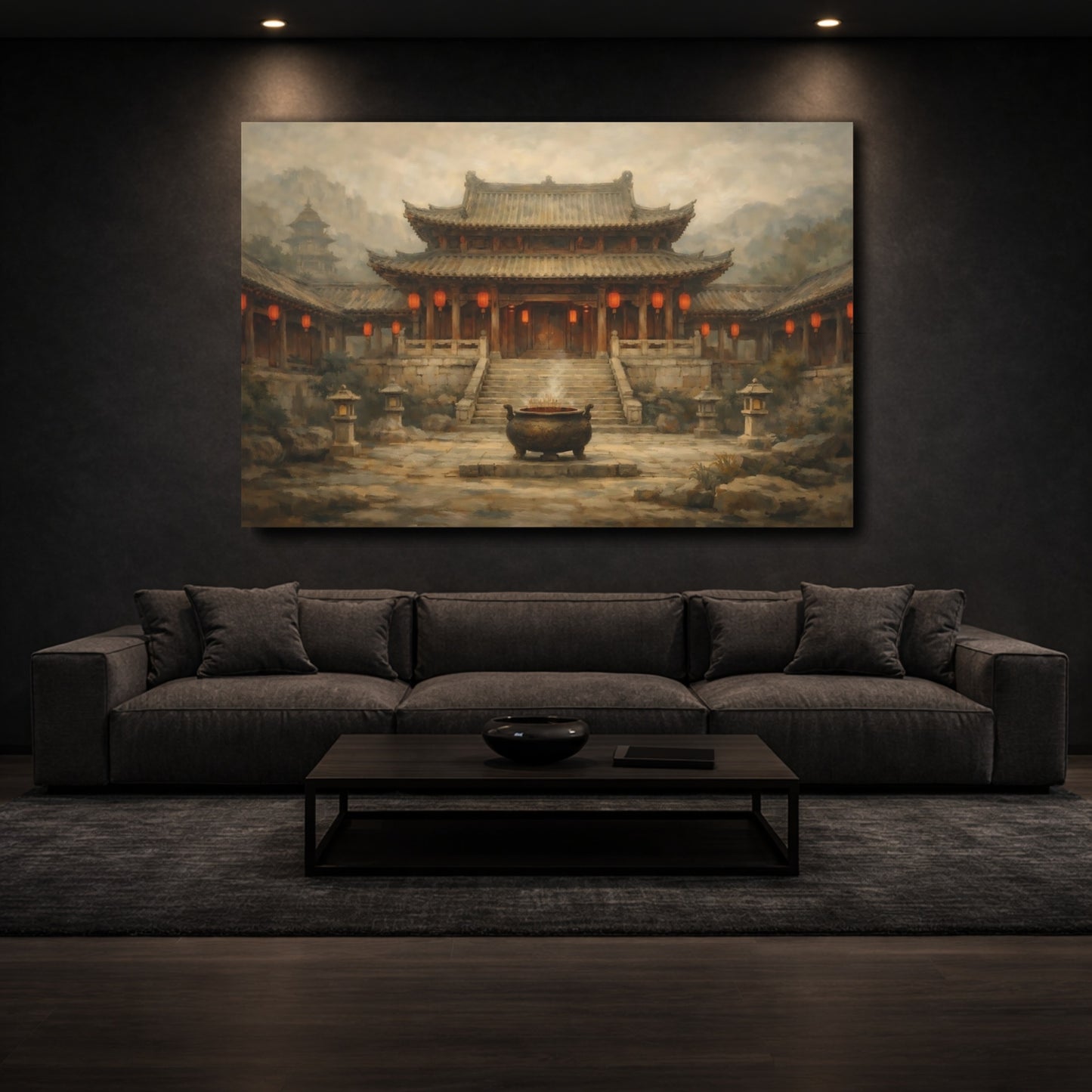 Mockup 2. Vintage Asian Temple Brown Red Temple shown as stretched canvas wall art