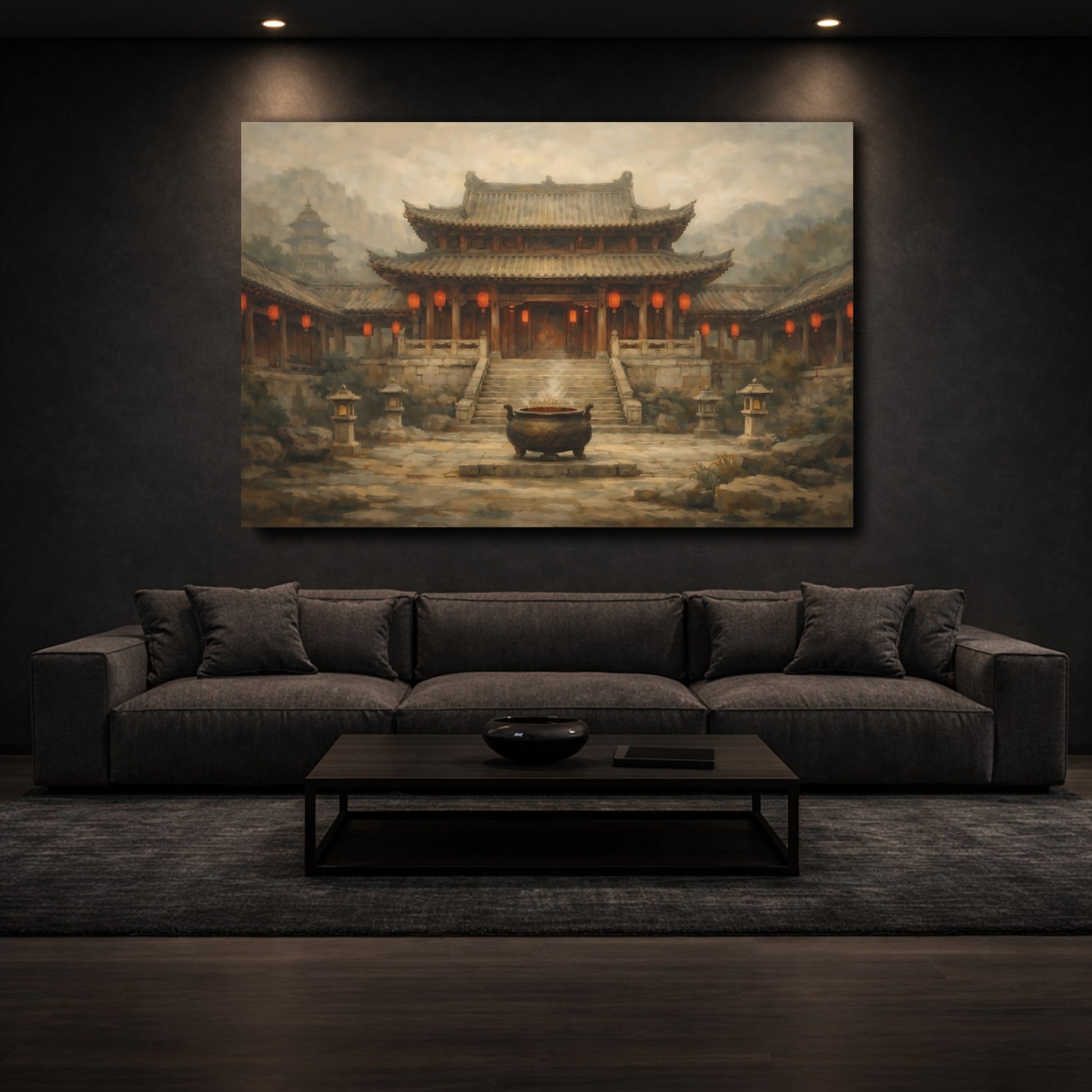 Mockup 2. Vintage Asian Temple Brown Red Temple shown as stretched canvas wall art