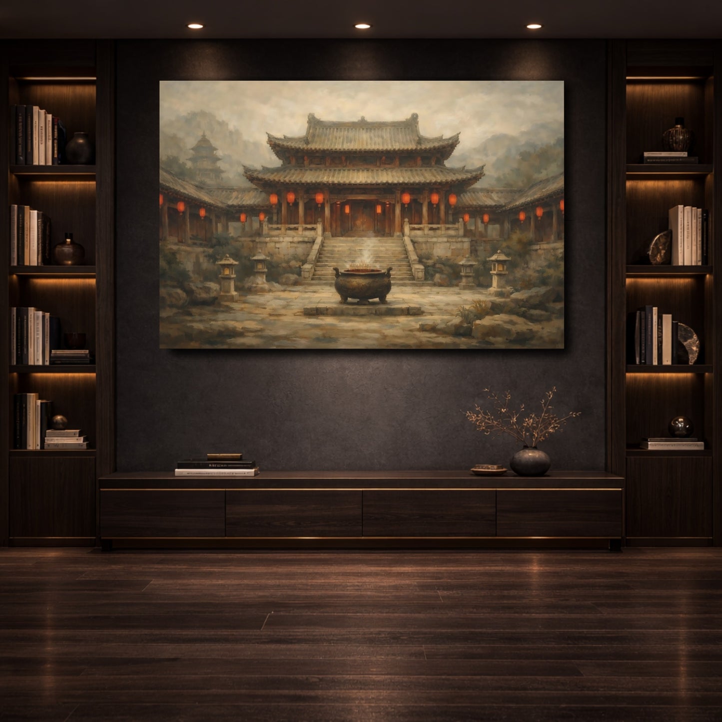 Mockup 3. Vintage Asian Temple Brown Red Temple shown as stretched canvas wall art