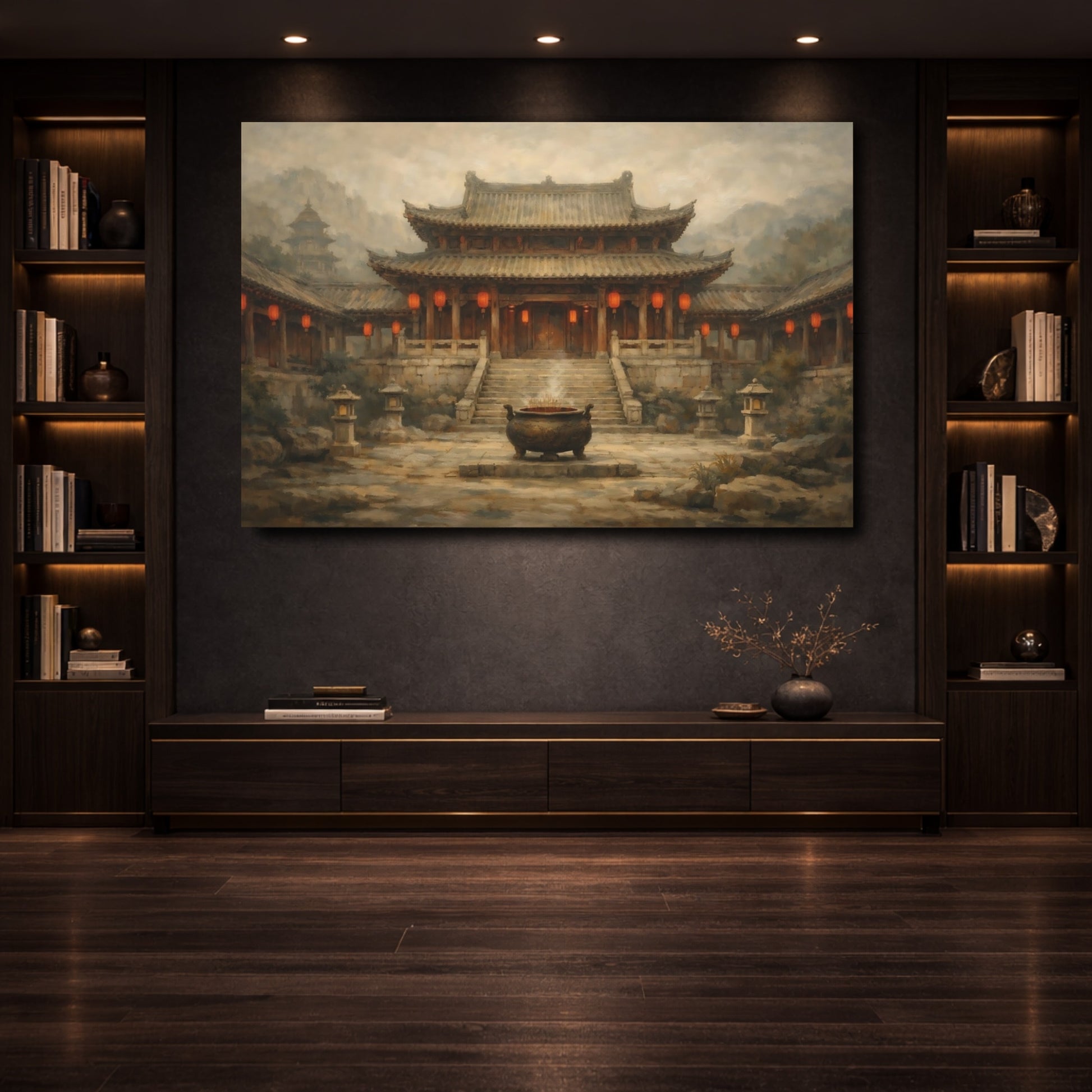 Mockup 3. Vintage Asian Temple Brown Red Temple shown as stretched canvas wall art