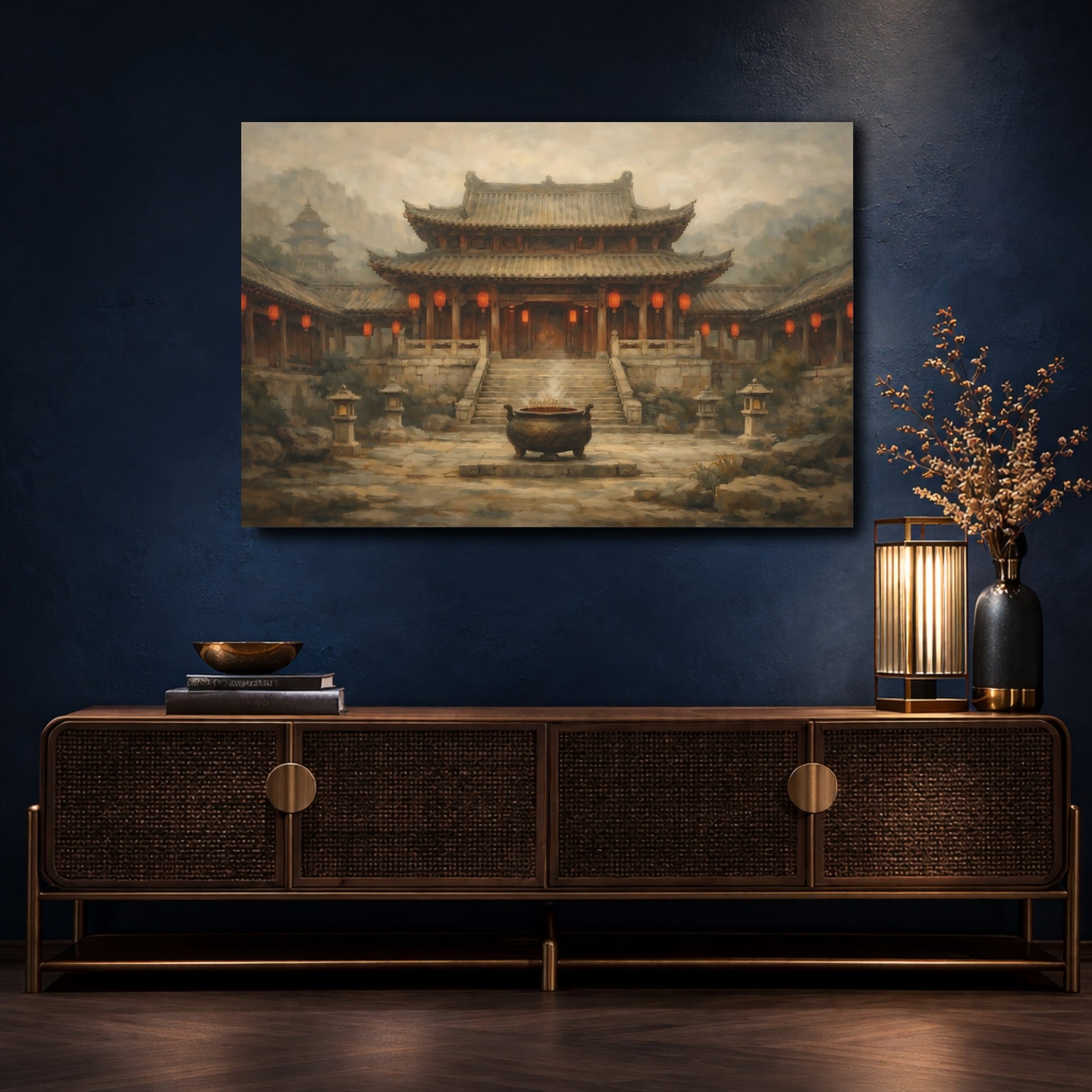 Mockup 4. Vintage Asian Temple Brown Red Temple shown as stretched canvas wall art