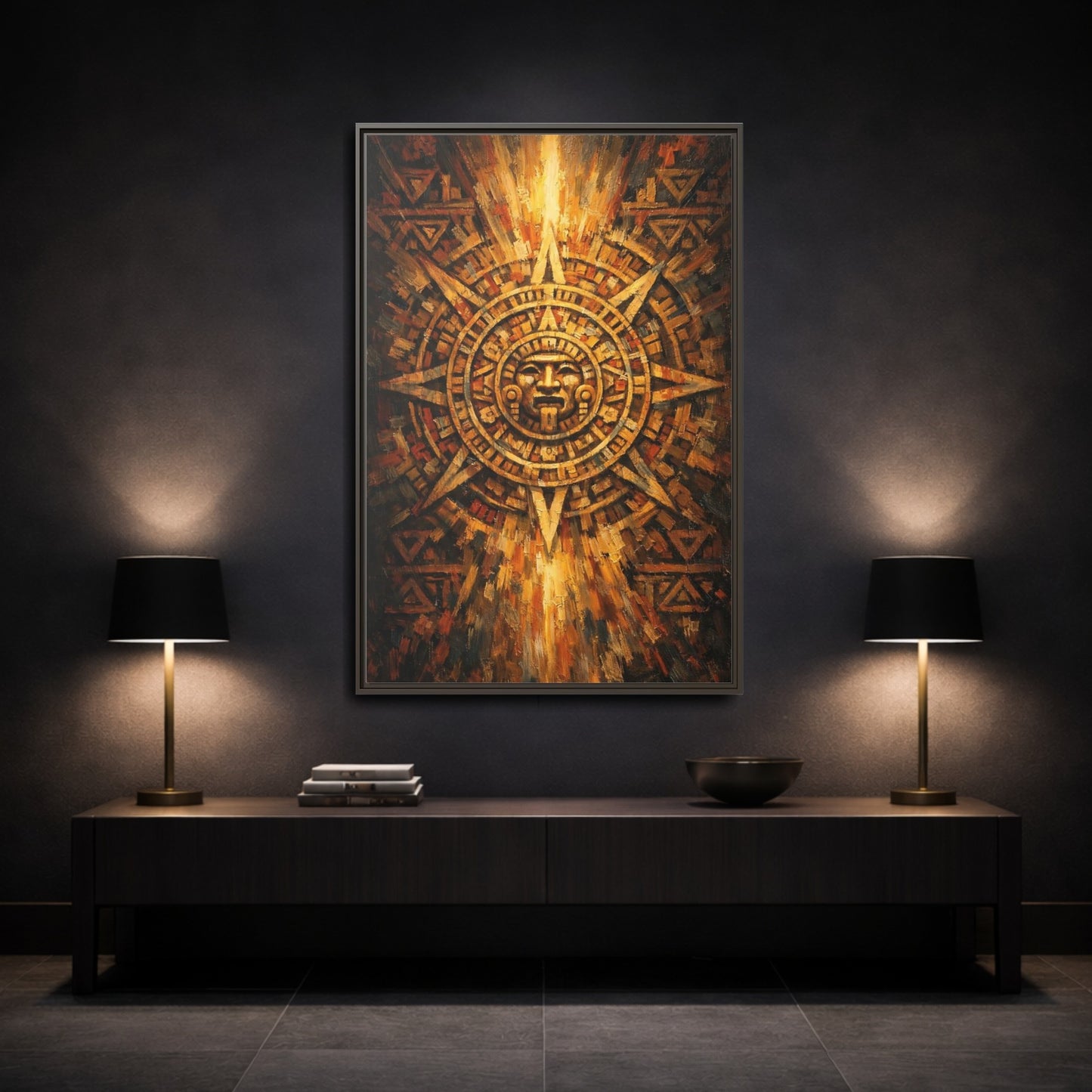 Mockup 2. Vintage Aztec Calendar Aztec Calendar Gold shown as stretched canvas wall art