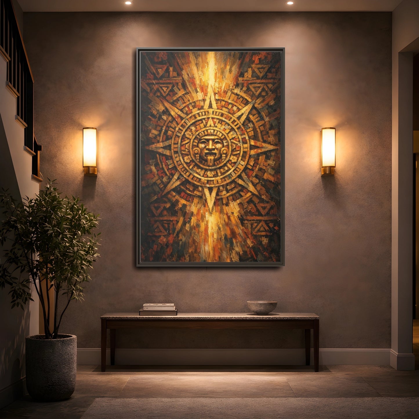 Mockup 4. Vintage Aztec Calendar Aztec Calendar Gold shown as stretched canvas wall art