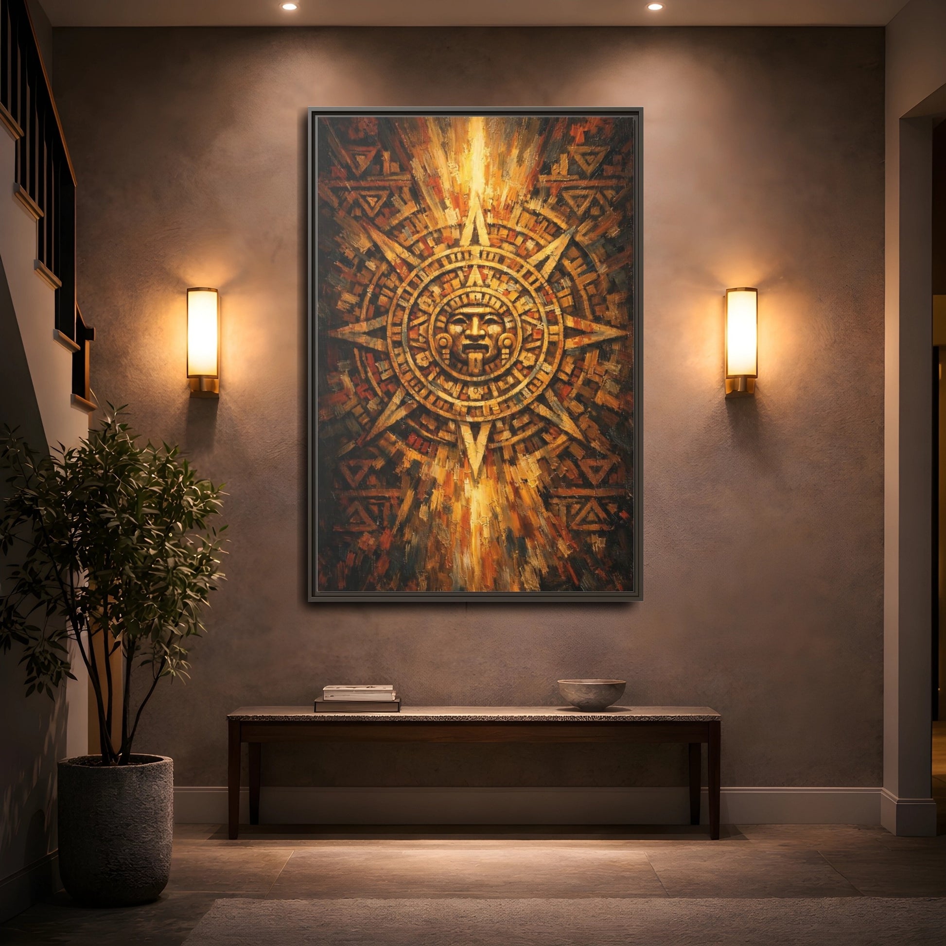 Mockup 4. Vintage Aztec Calendar Aztec Calendar Gold shown as stretched canvas wall art