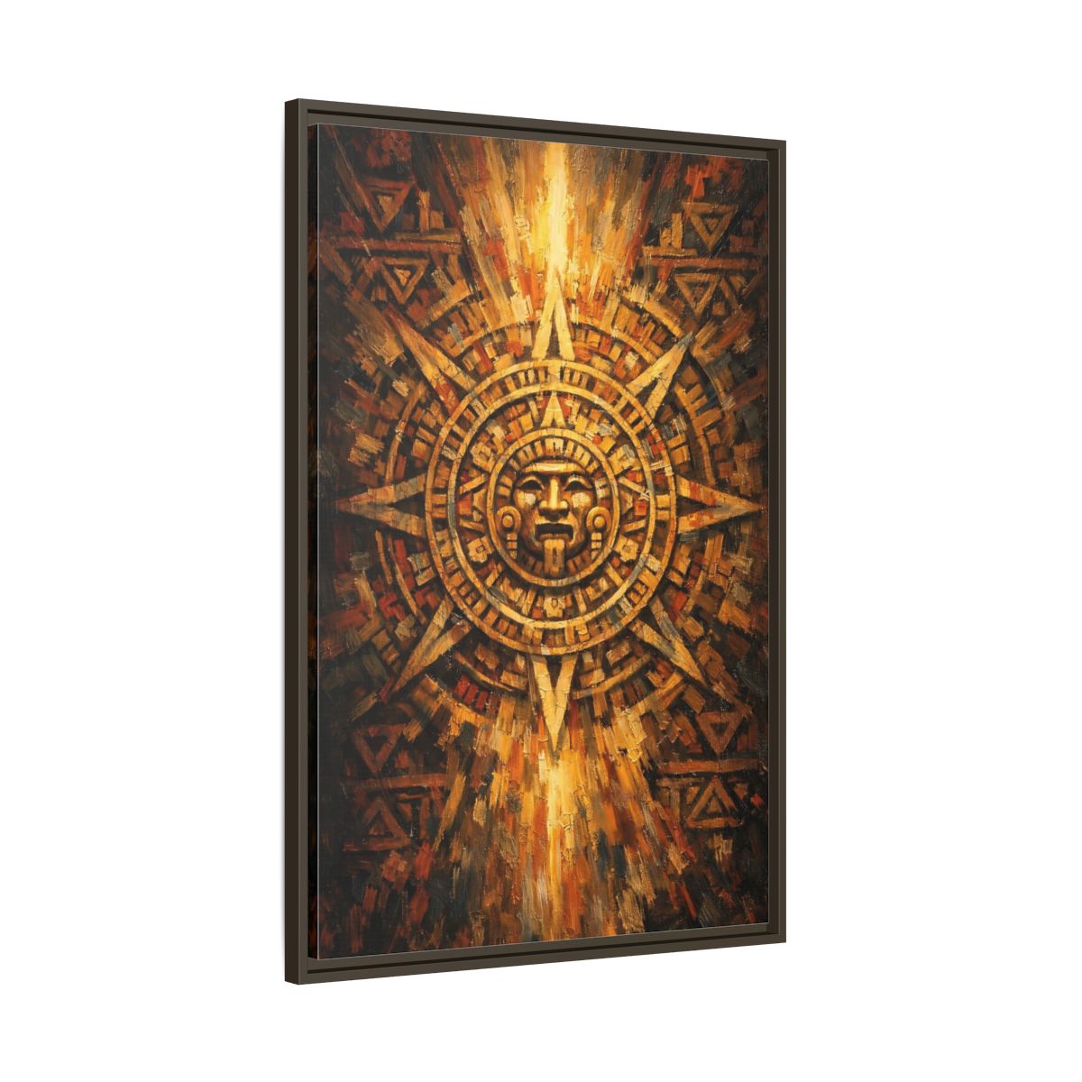 Side Mockup 10. Vintage Aztec Calendar Aztec Calendar Gold shown as stretched canvas wall art