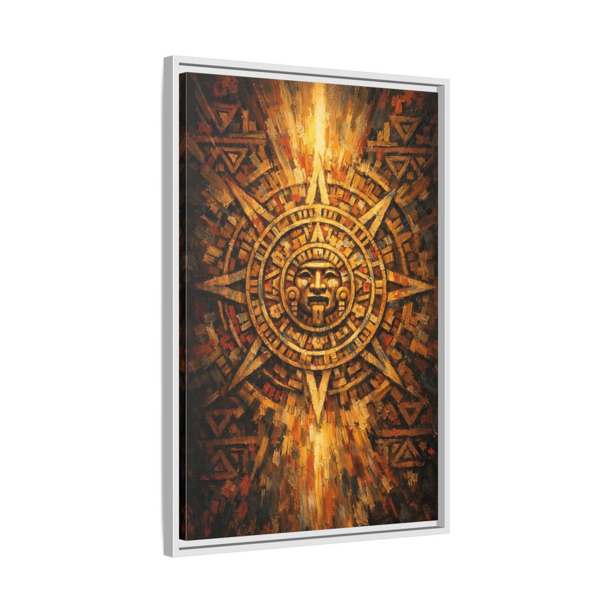 Side Mockup 11. Vintage Aztec Calendar Aztec Calendar Gold shown as stretched canvas wall art