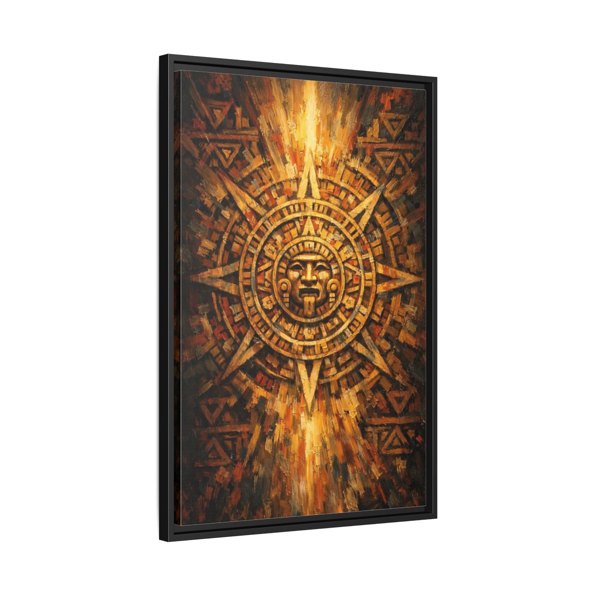 Side Mockup 14. Vintage Aztec Calendar Aztec Calendar Gold shown as stretched canvas wall art
