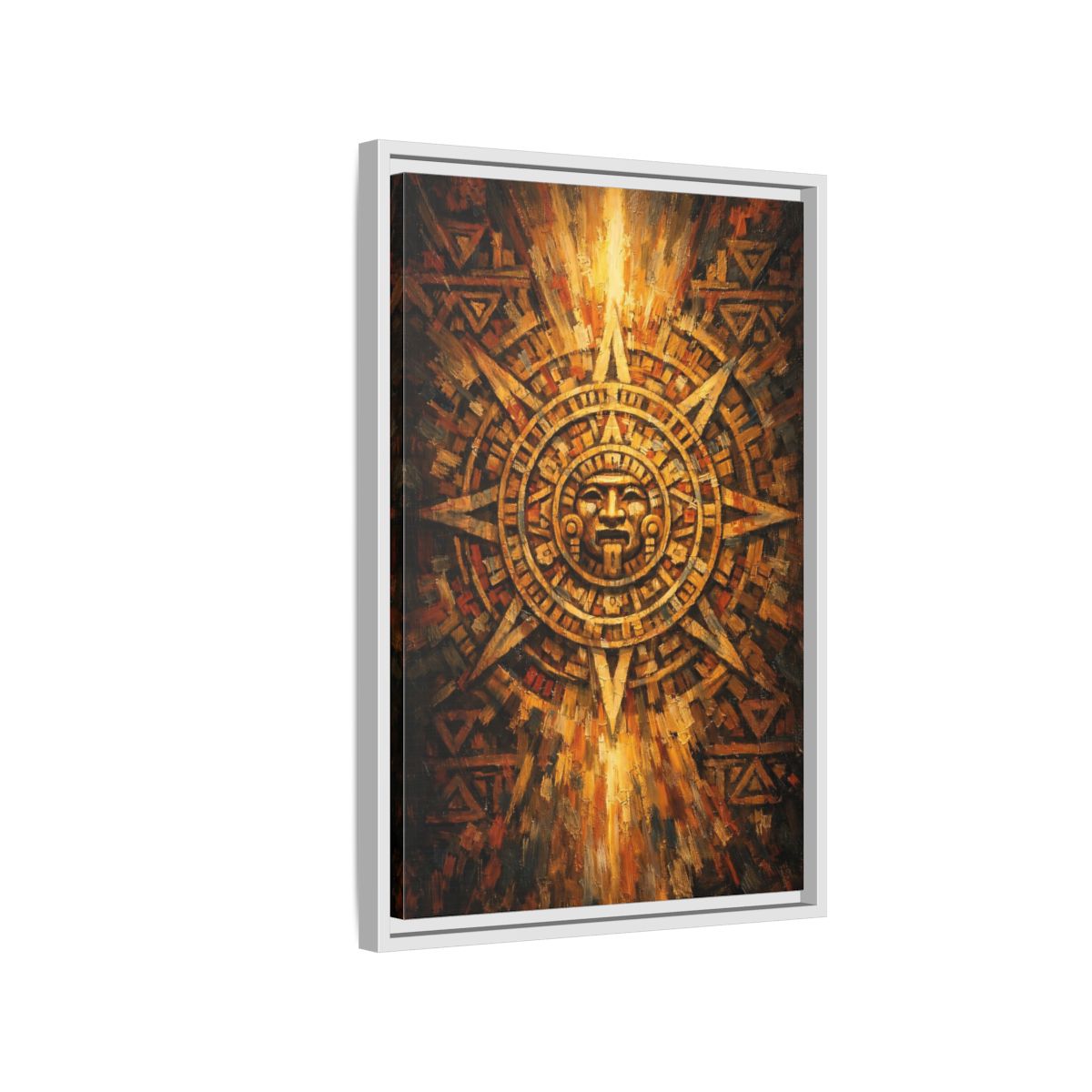 Side Mockup 1. Vintage Aztec Calendar Aztec Calendar Gold shown as stretched canvas wall art