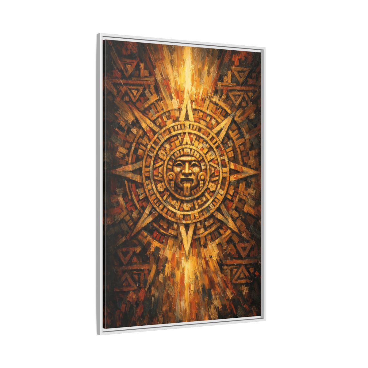 Side Mockup 7. Vintage Aztec Calendar Aztec Calendar Gold shown as stretched canvas wall art
