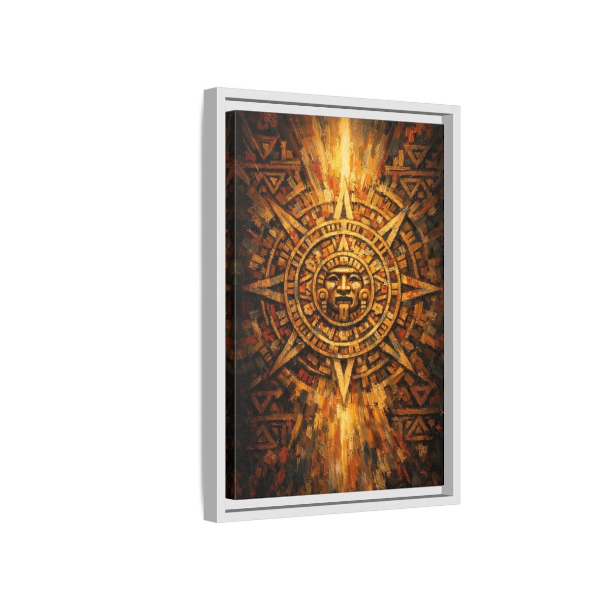 Side Mockup 4. Vintage Aztec Calendar Aztec Calendar Gold shown as stretched canvas wall art