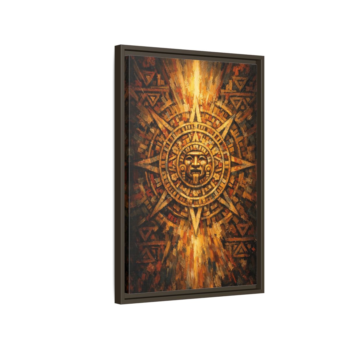 Side Mockup 2. Vintage Aztec Calendar Aztec Calendar Gold shown as stretched canvas wall art