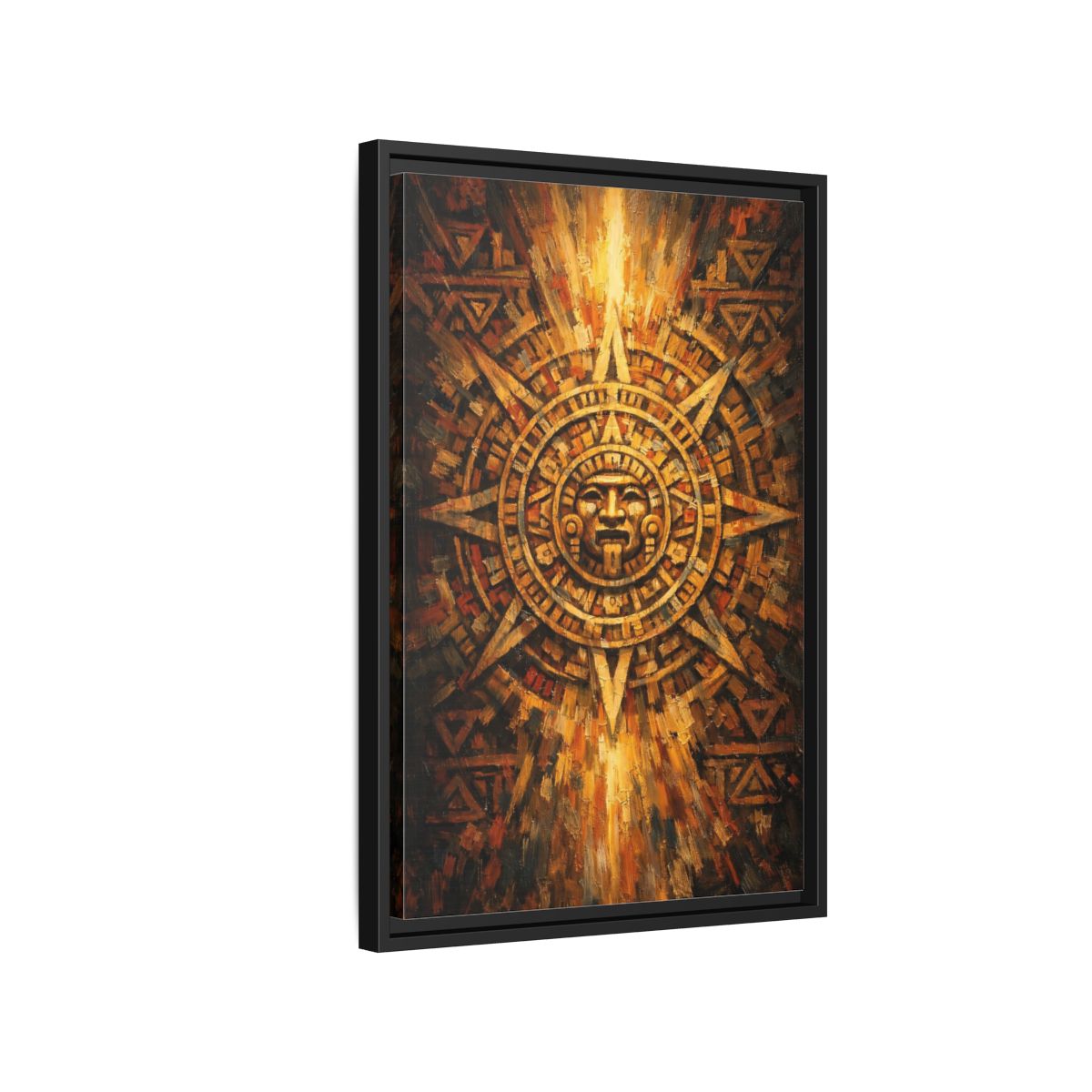 Side Mockup 3. Vintage Aztec Calendar Aztec Calendar Gold shown as stretched canvas wall art