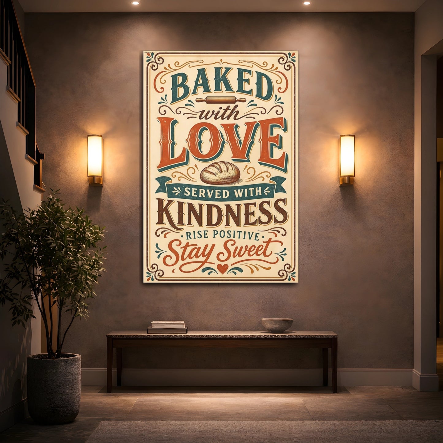 Mockup 2. Vintage Baking Quote Brown And Orange shown as stretched canvas wall art