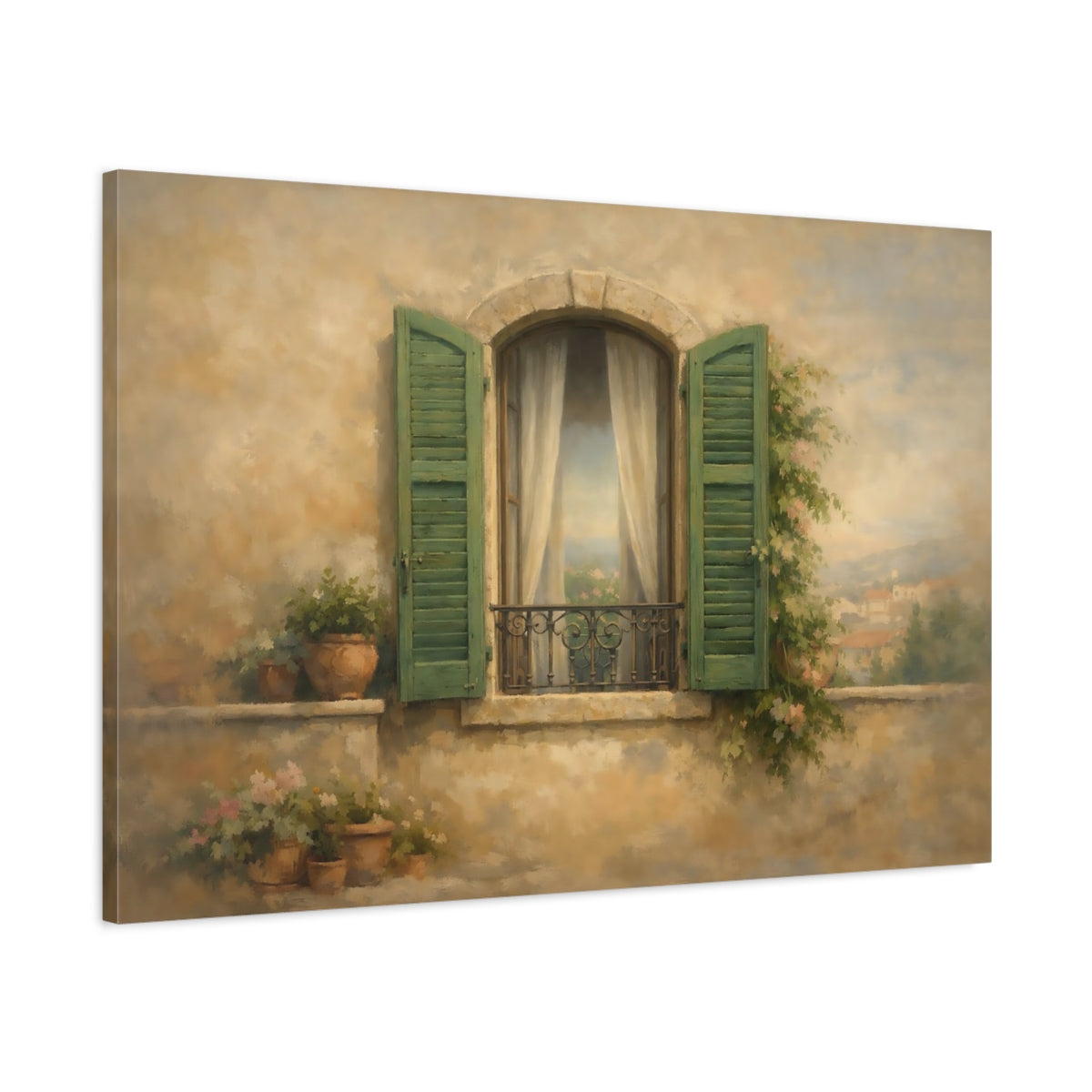 Side Mockup 1. Vintage Balcony Window Mediterranean Window shown as stretched canvas wall art