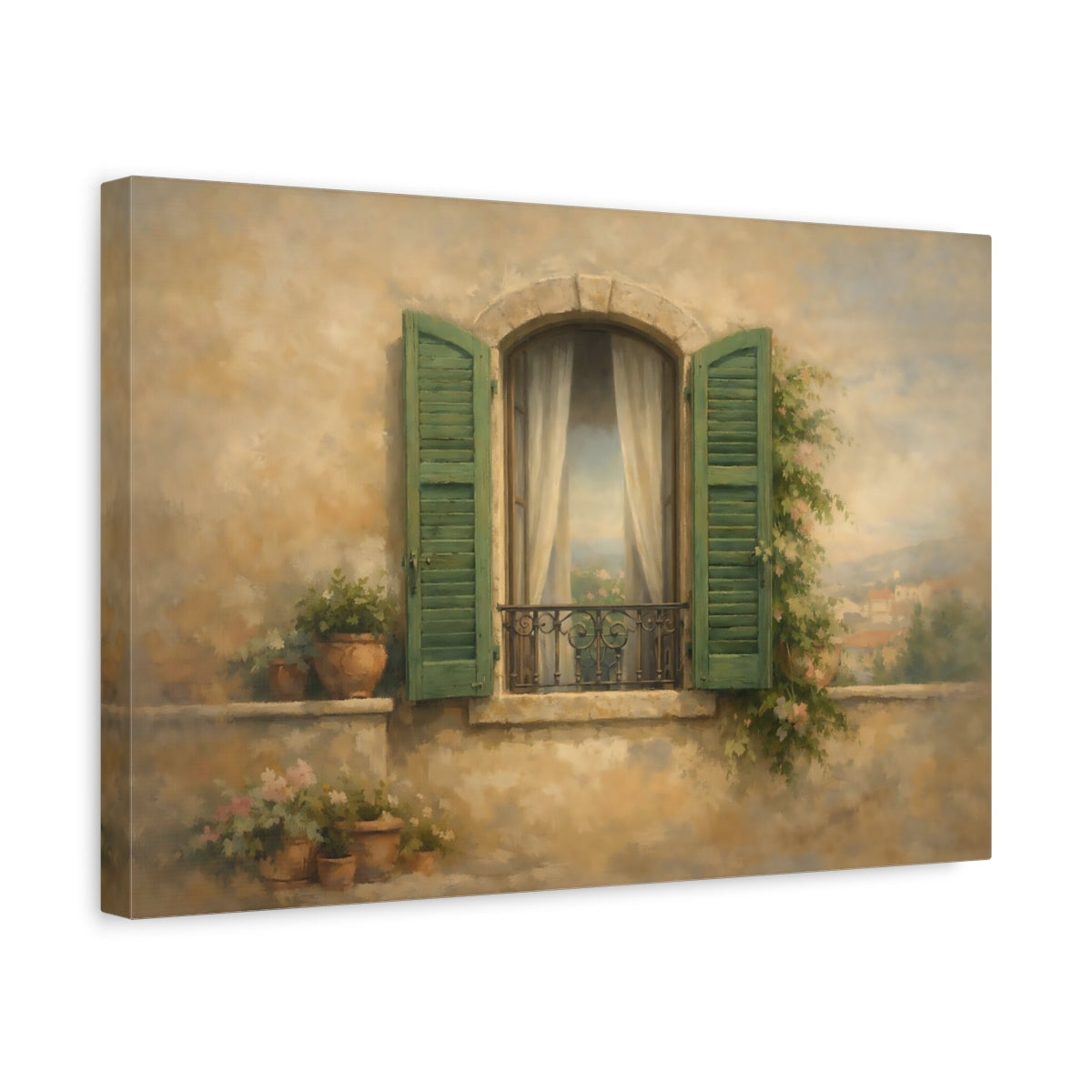 Side Mockup 4. Vintage Balcony Window Mediterranean Window shown as stretched canvas wall art