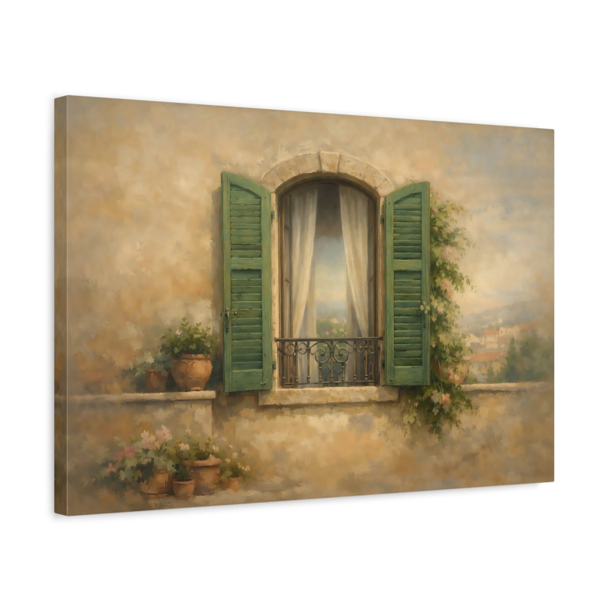 Side Mockup 3. Vintage Balcony Window Mediterranean Window shown as stretched canvas wall art