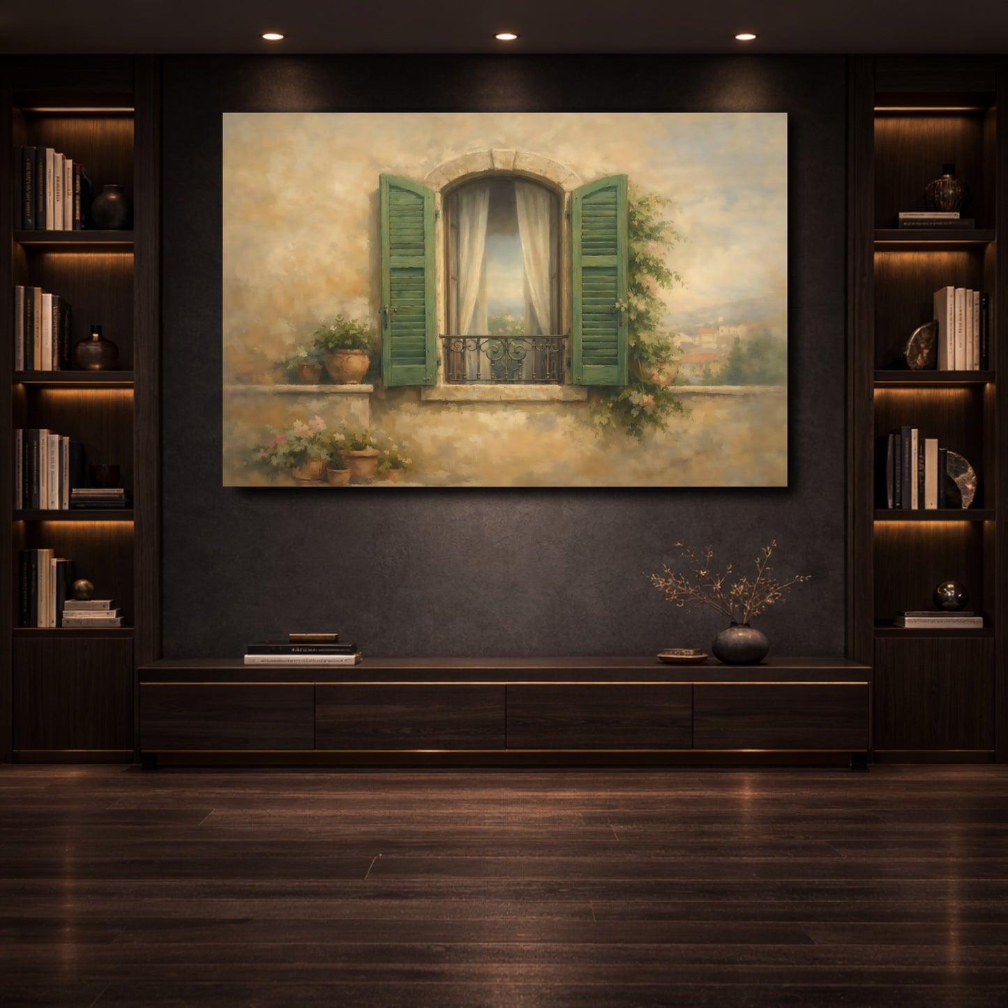 Mockup 3. Vintage Balcony Window Mediterranean Window shown as stretched canvas wall art