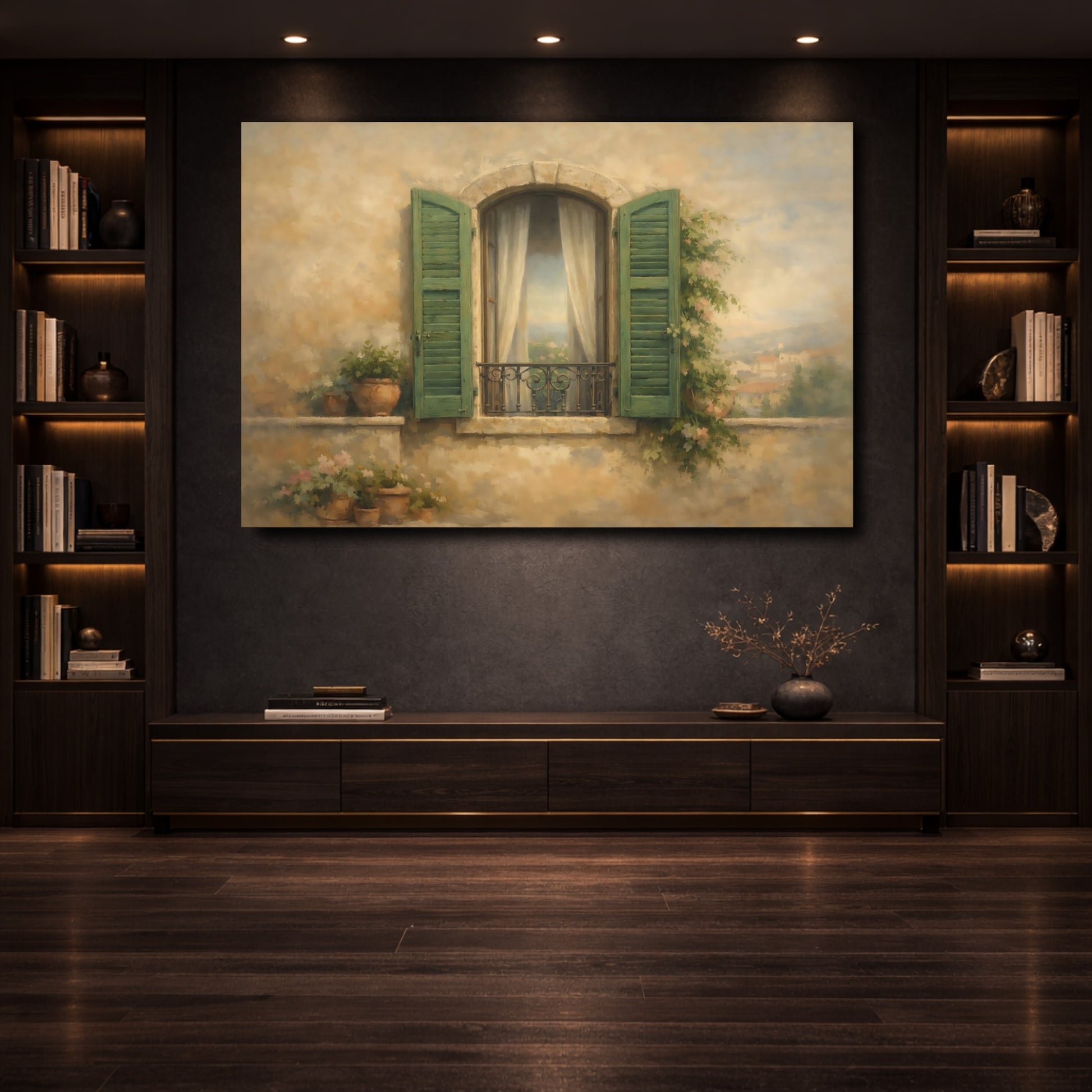 Mockup 3. Vintage Balcony Window Mediterranean Window shown as stretched canvas wall art
