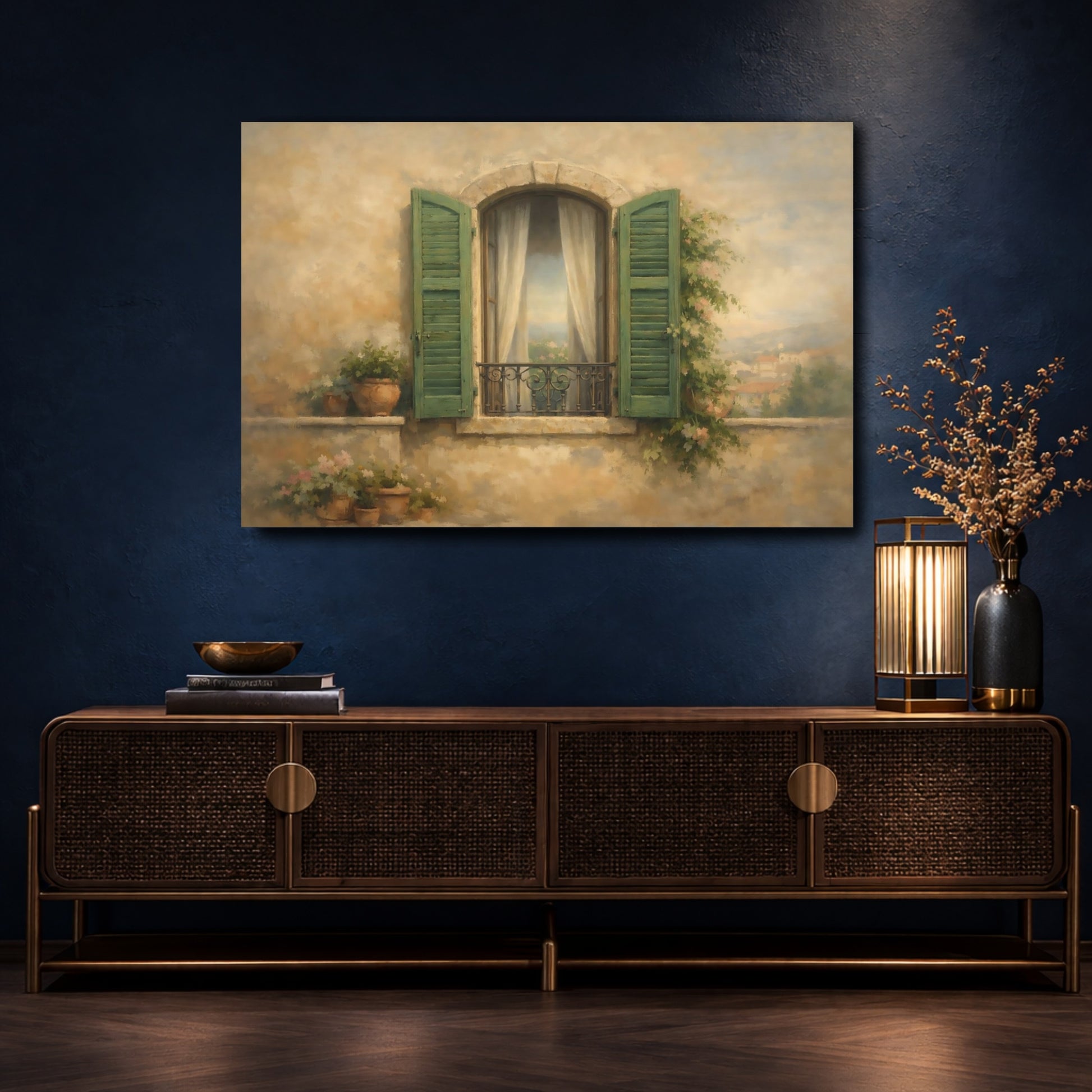 Mockup 4. Vintage Balcony Window Mediterranean Window shown as stretched canvas wall art