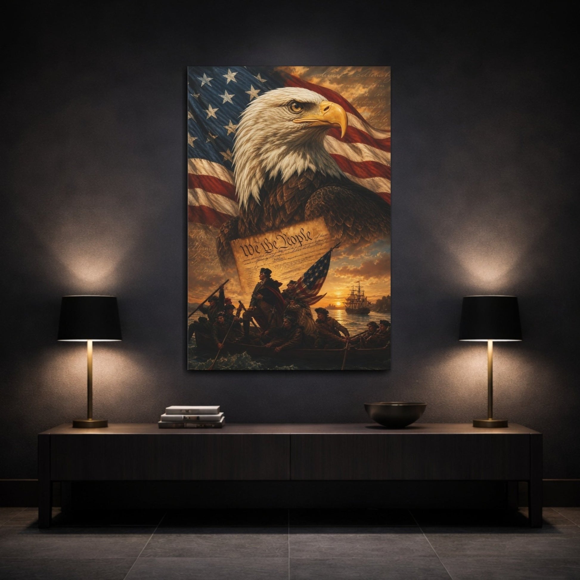Vintage Bald Eagle Patriotic Flag Canvas Print – Traditional Living Room, Above Sofa - YesArtYes