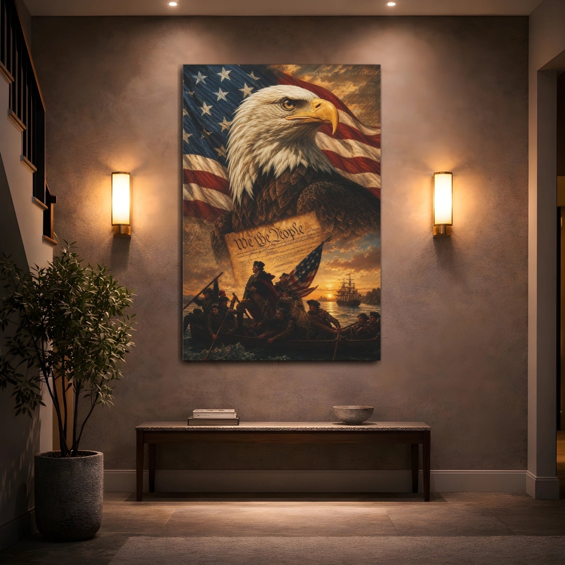 Vintage Bald Eagle Patriotic Flag Canvas Print – Traditional Living Room, Above Sofa - YesArtYes