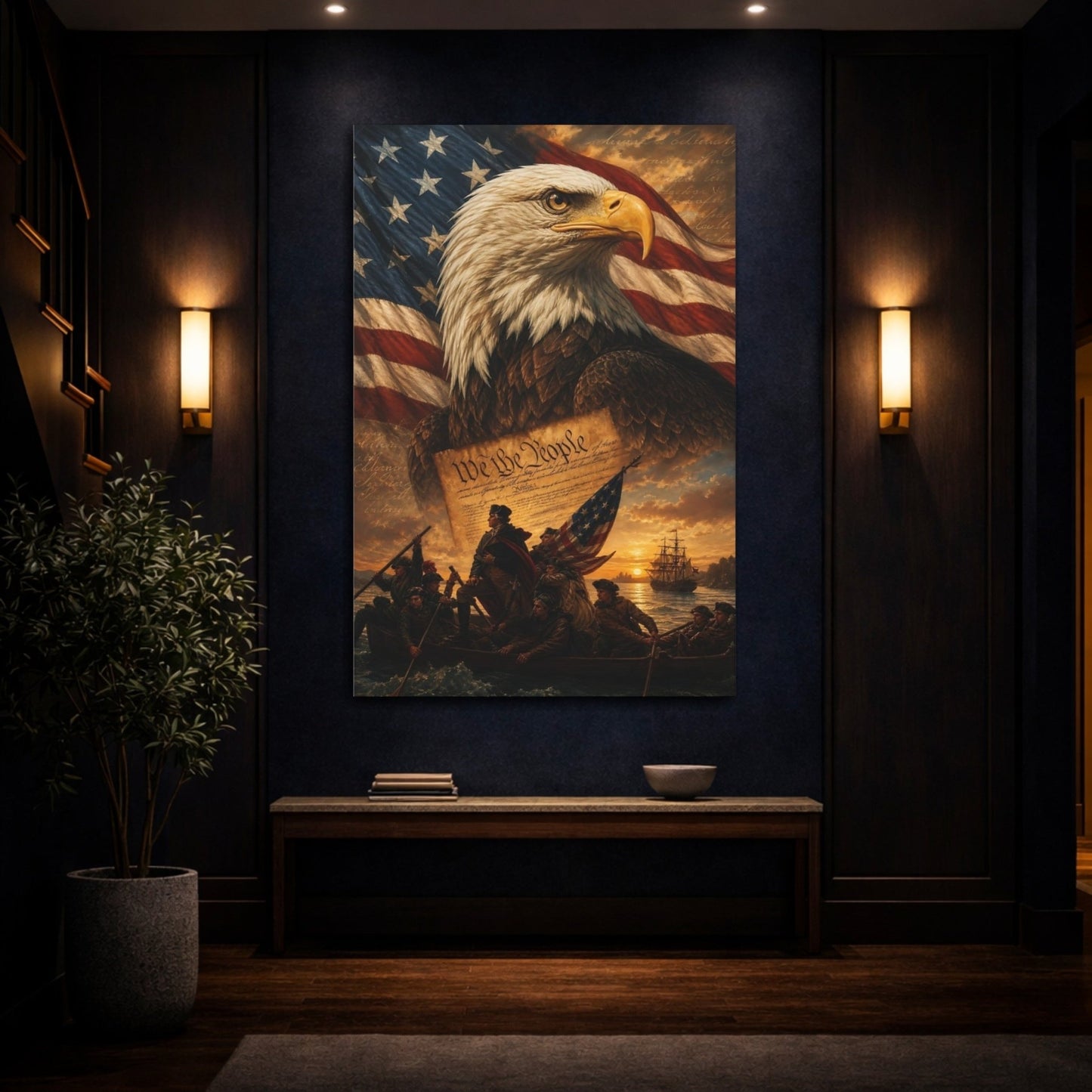 Vintage Bald Eagle Patriotic Flag Canvas Print – Traditional Living Room, Above Sofa - YesArtYes