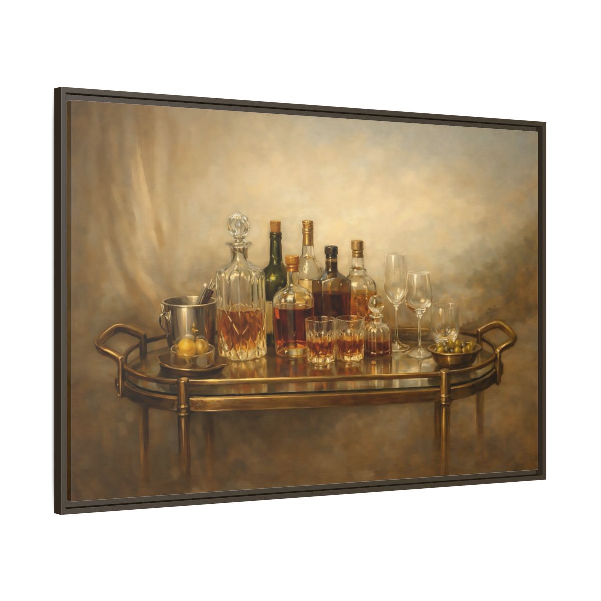 Main Mockup. Vintage Bar Cart Warm Tones shown as stretched canvas wall art