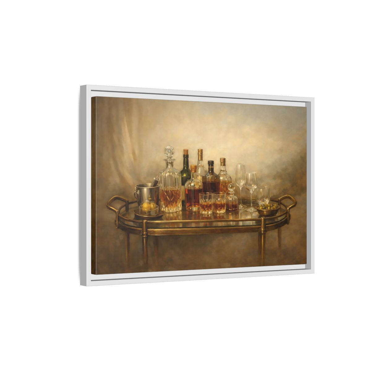 Side Mockup 1. Vintage Bar Cart Warm Tones shown as stretched canvas wall art