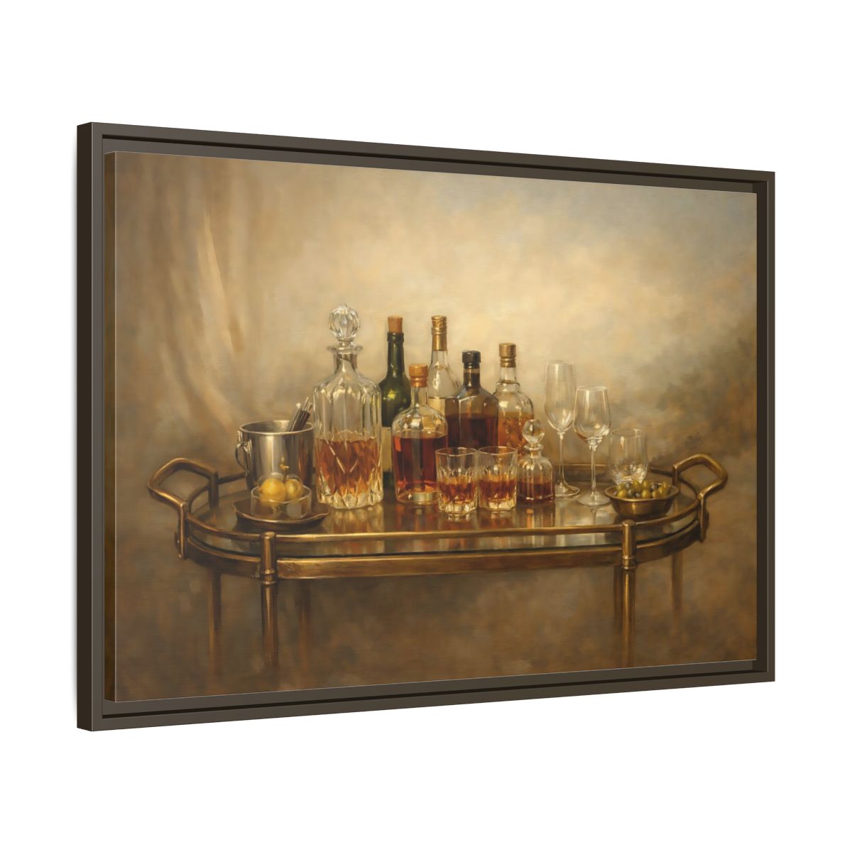 Side Mockup 11. Vintage Bar Cart Warm Tones shown as stretched canvas wall art