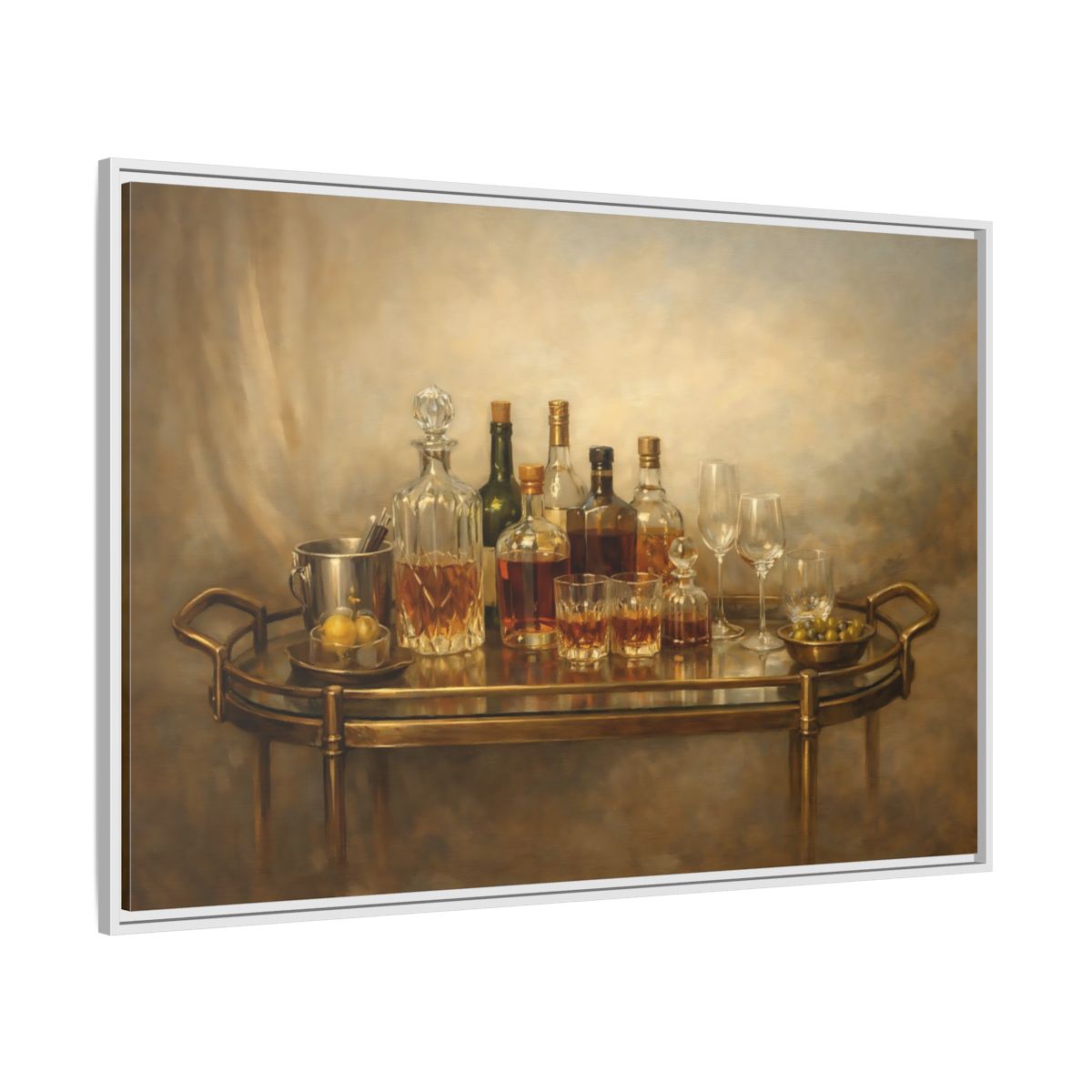 Side Mockup 7. Vintage Bar Cart Warm Tones shown as stretched canvas wall art