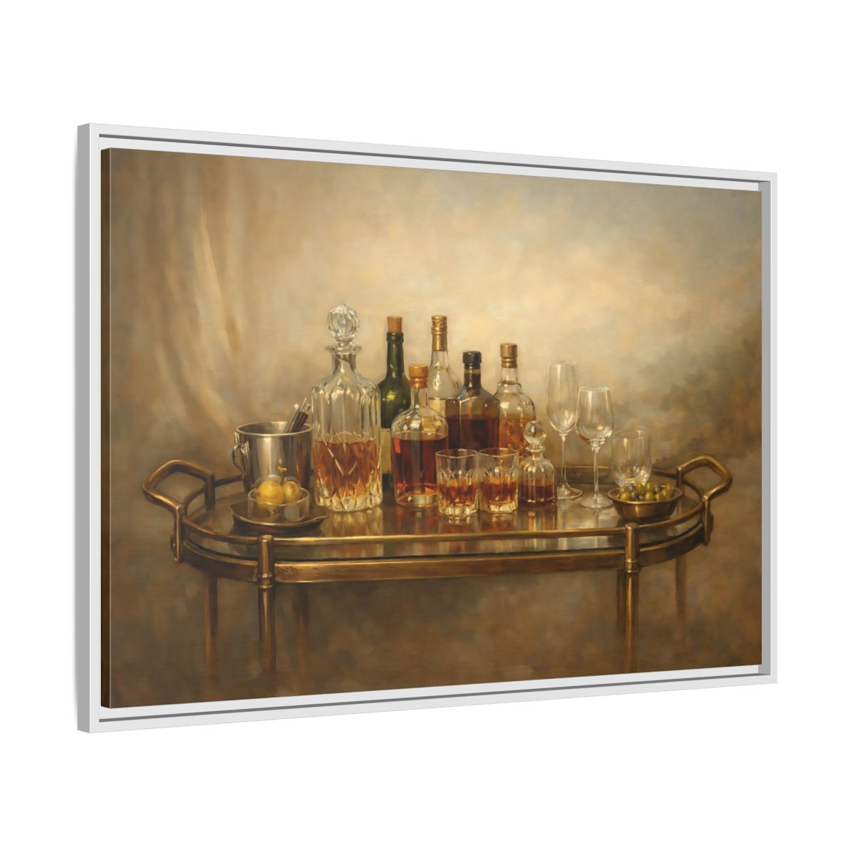 Side Mockup 8. Vintage Bar Cart Warm Tones shown as stretched canvas wall art