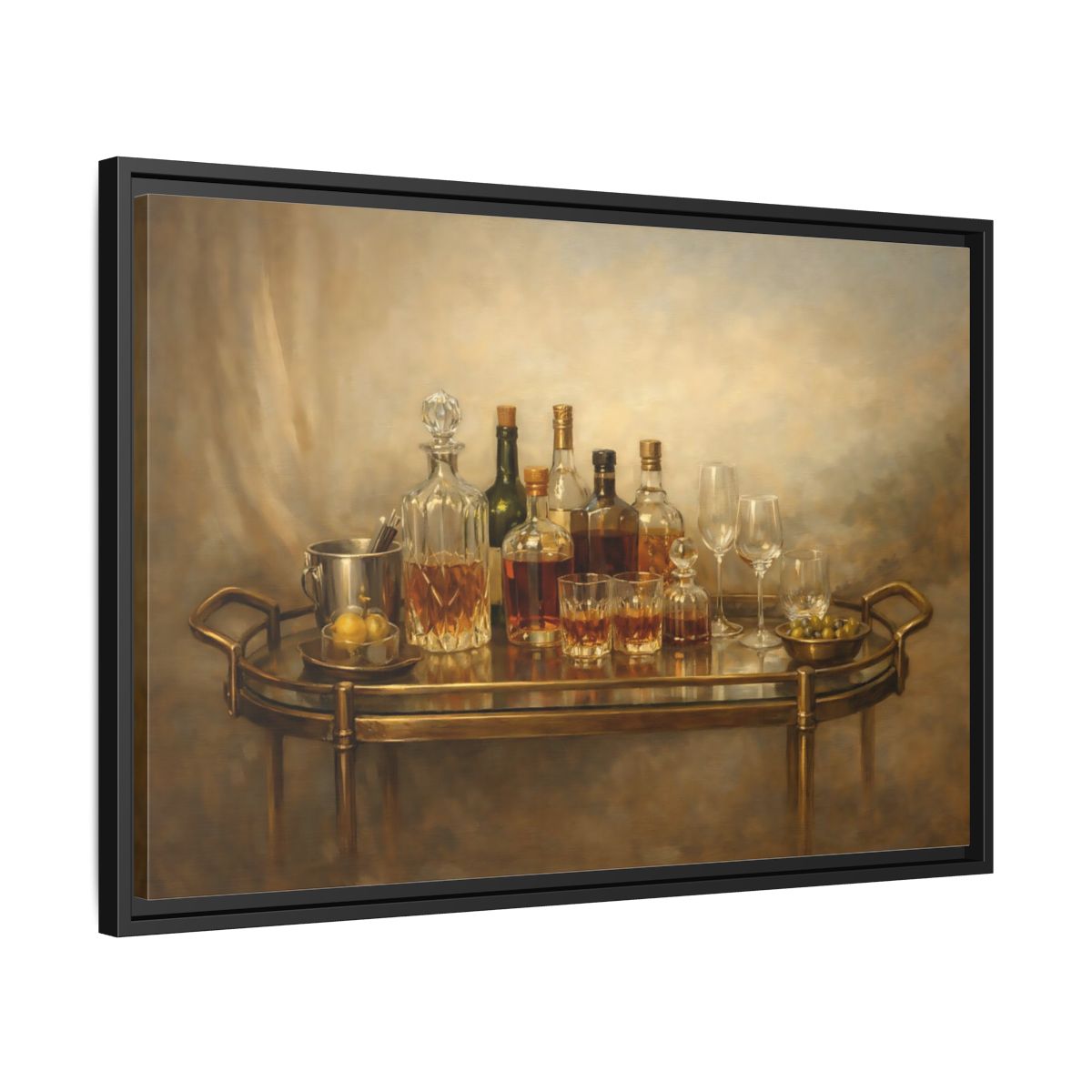 Side Mockup 14. Vintage Bar Cart Warm Tones shown as stretched canvas wall art
