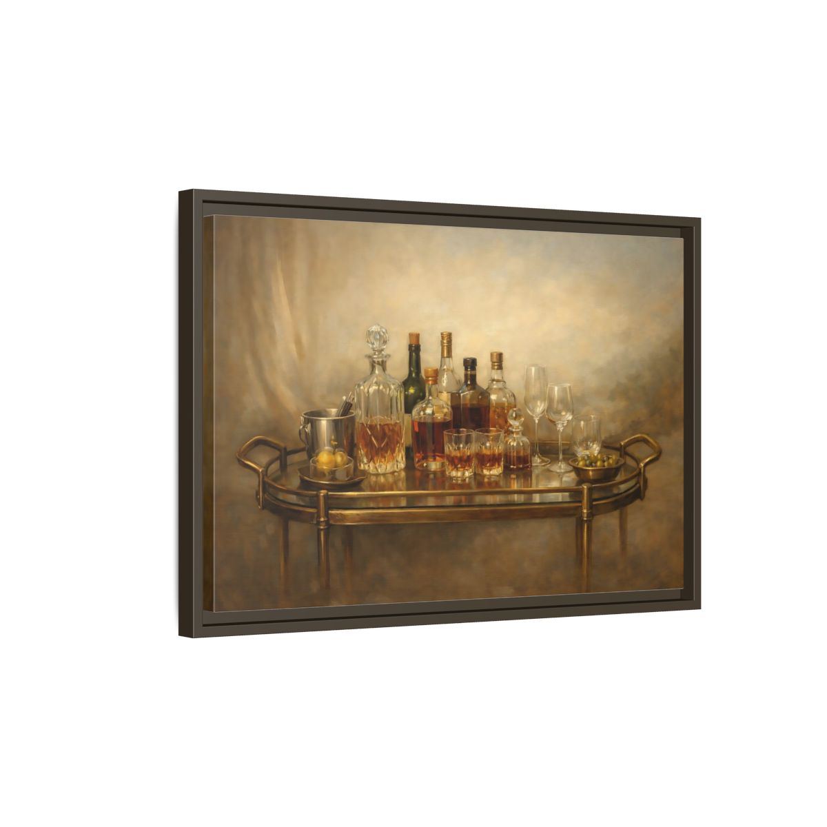 Side Mockup 2. Vintage Bar Cart Warm Tones shown as stretched canvas wall art