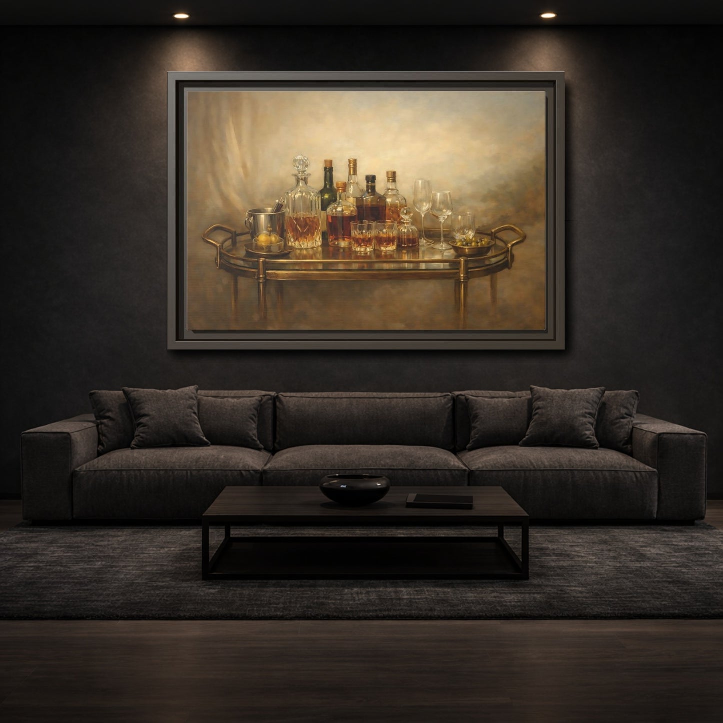Mockup 2. Vintage Bar Cart Warm Tones shown as stretched canvas wall art