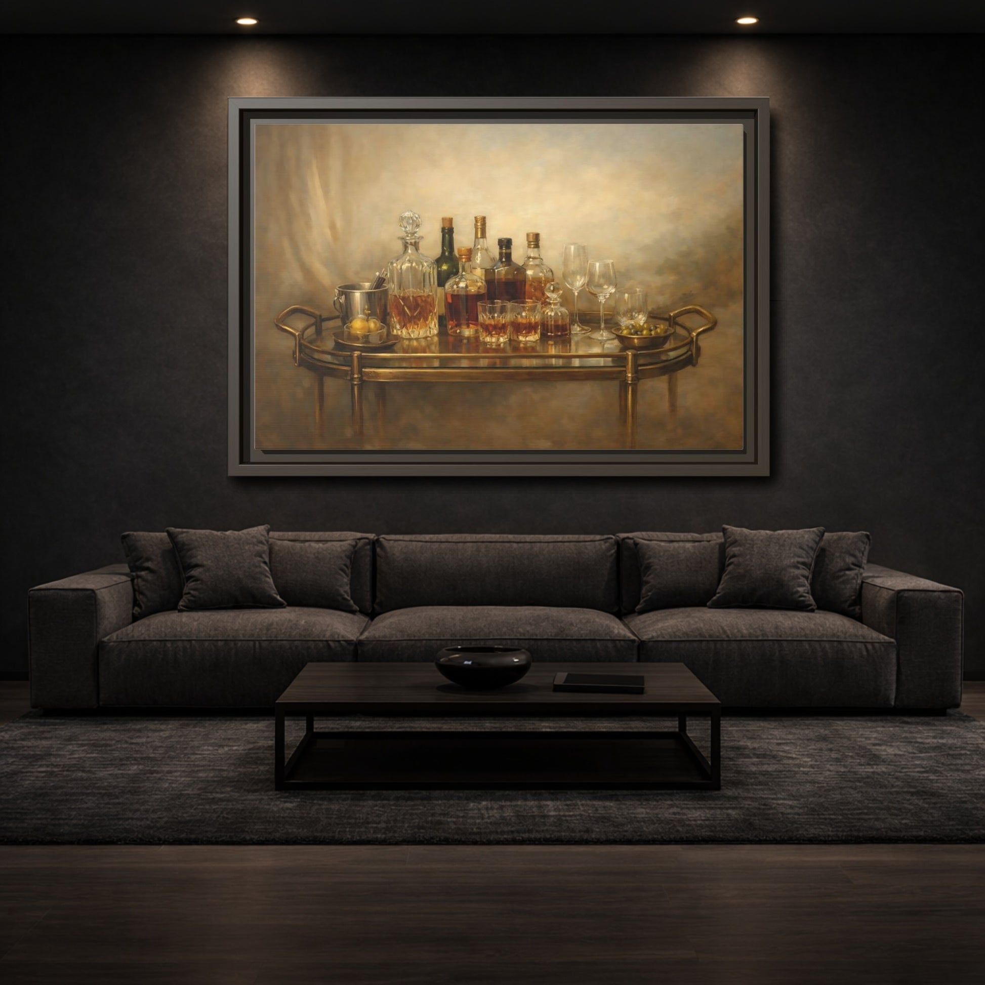 Mockup 2. Vintage Bar Cart Warm Tones shown as stretched canvas wall art