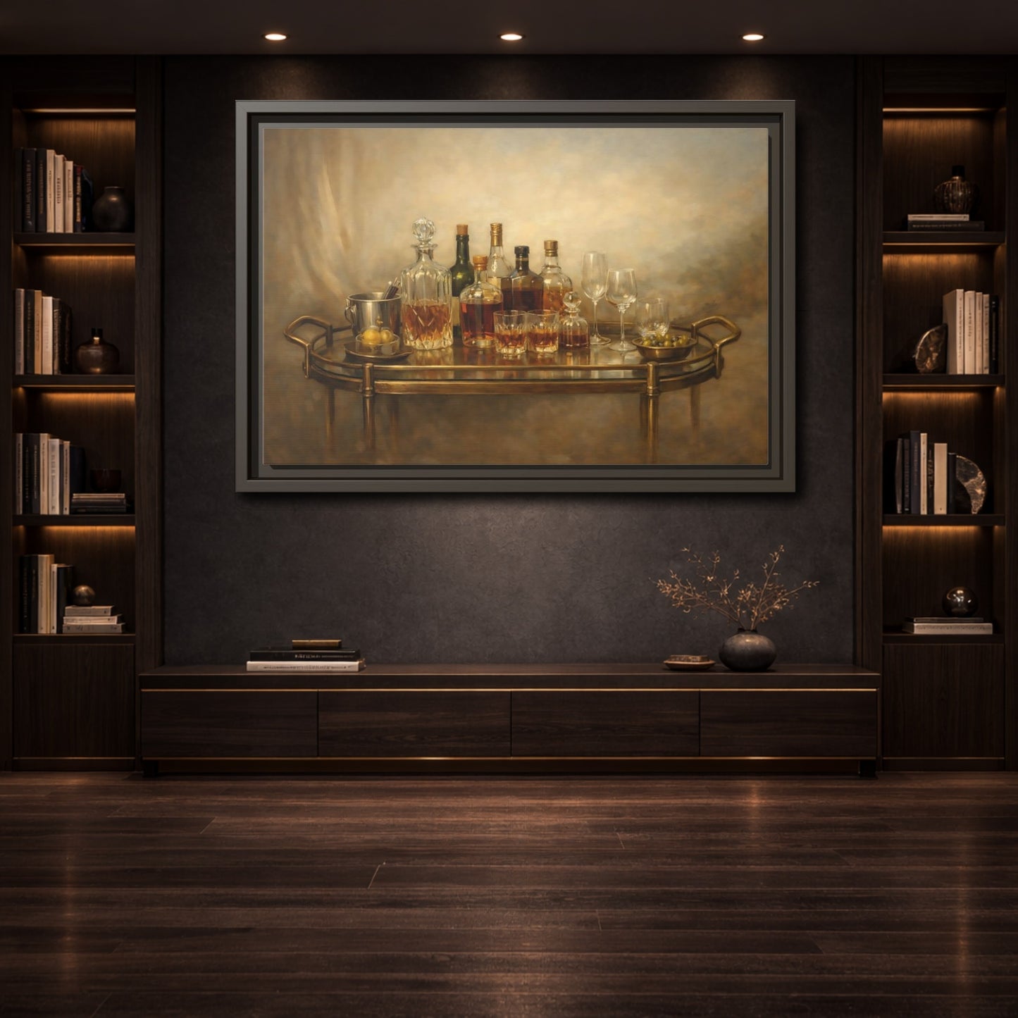 Mockup 3. Vintage Bar Cart Warm Tones shown as stretched canvas wall art