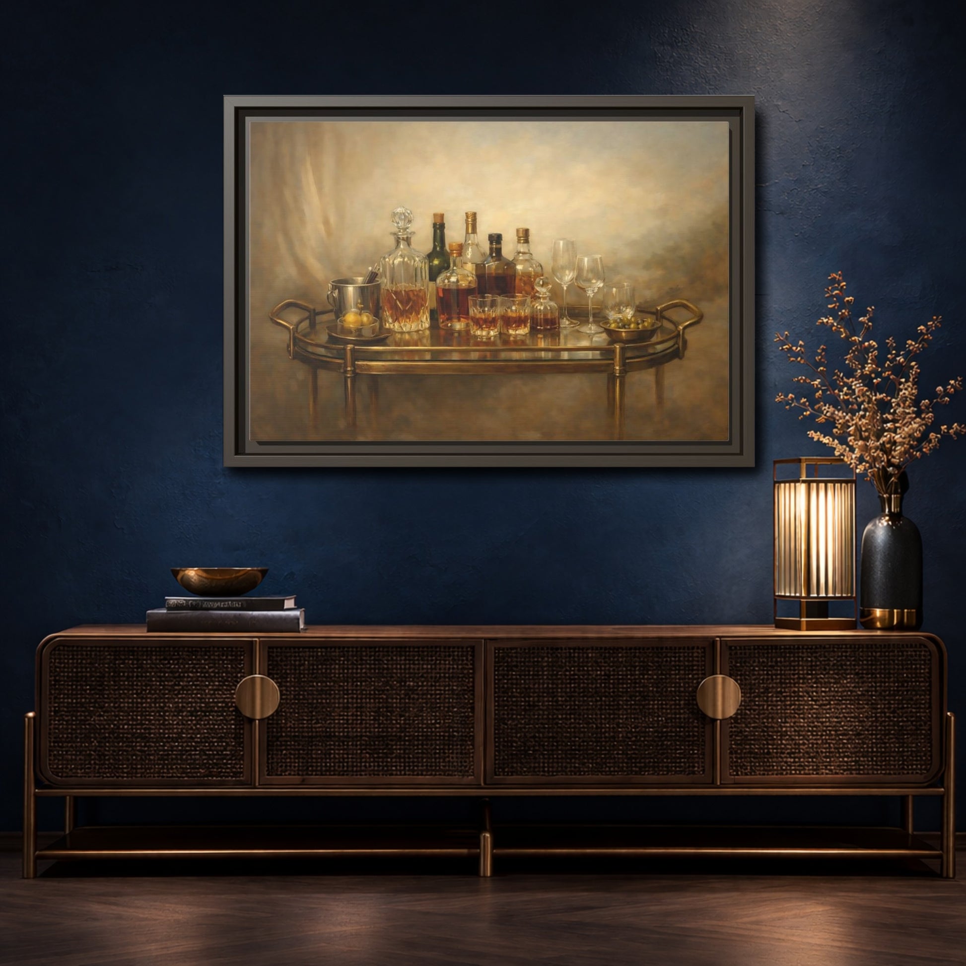 Mockup 4. Vintage Bar Cart Warm Tones shown as stretched canvas wall art