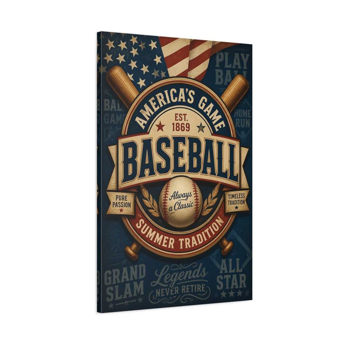 Main Mockup. Vintage Baseball Emblem shown as canvas print