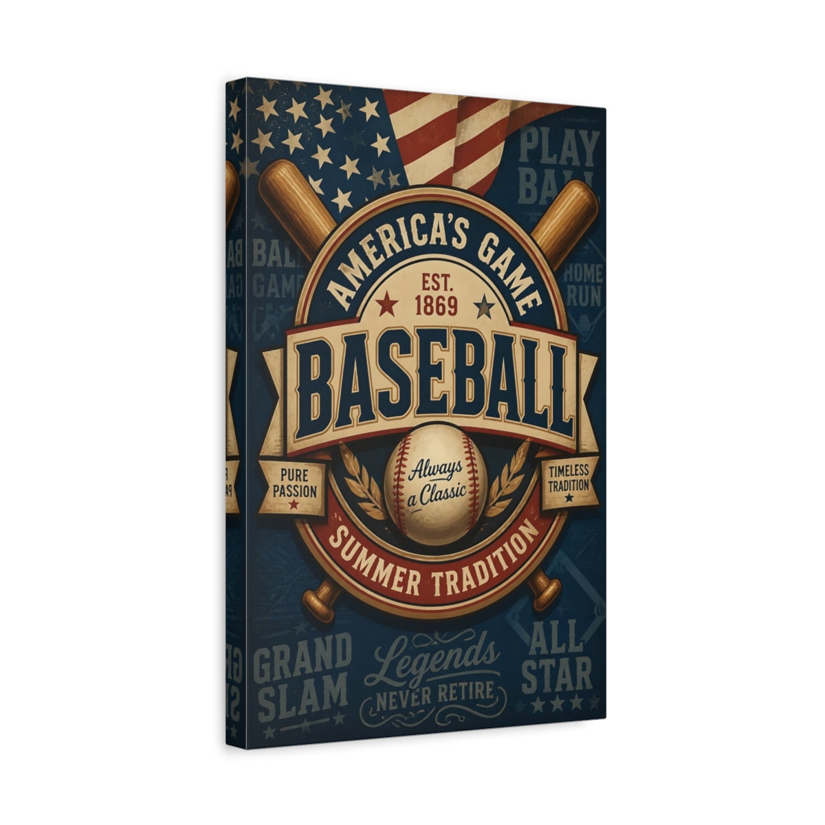 Side Mockup 4. Vintage Baseball Emblem shown as canvas print