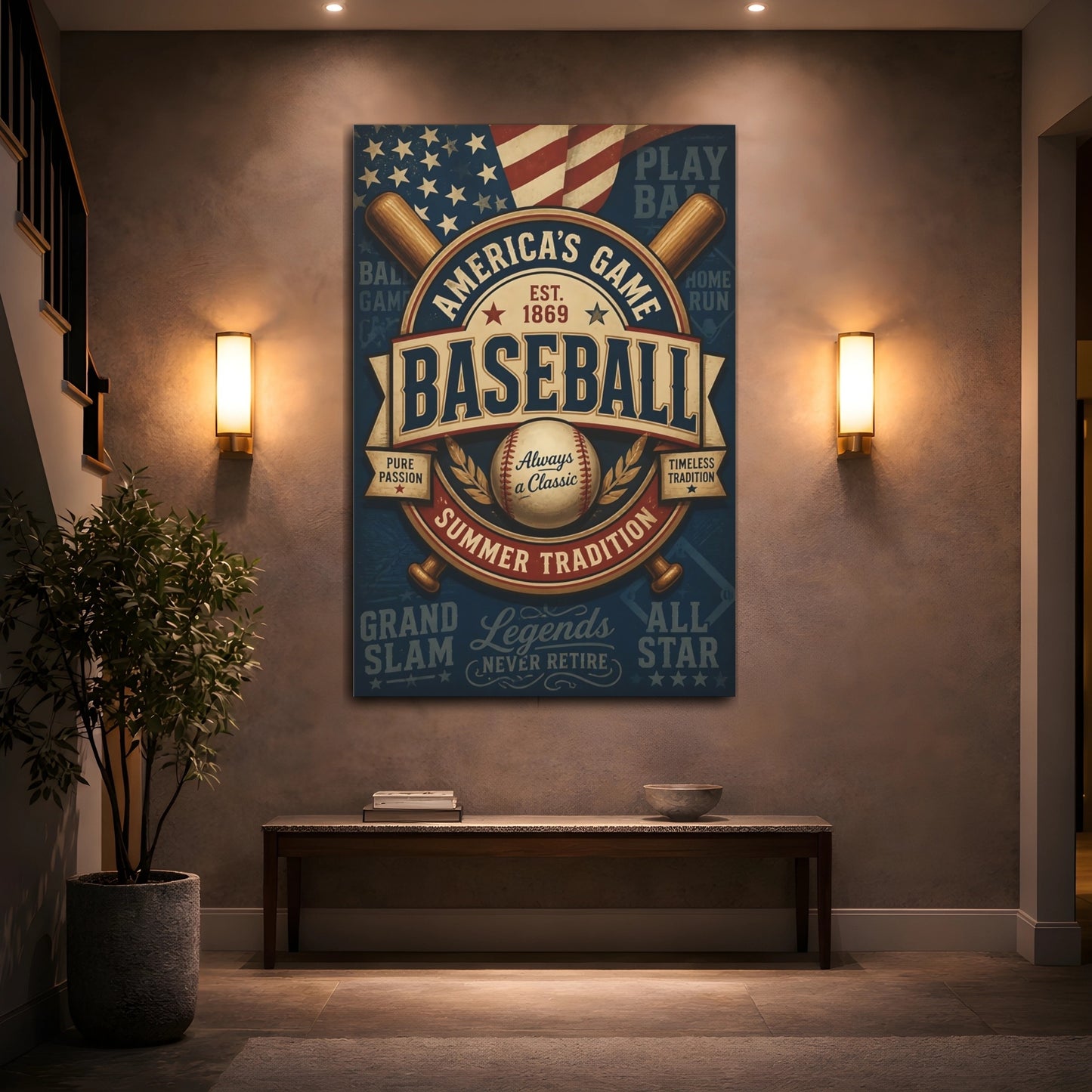 Mockup 2. Vintage Baseball Emblem shown as canvas print