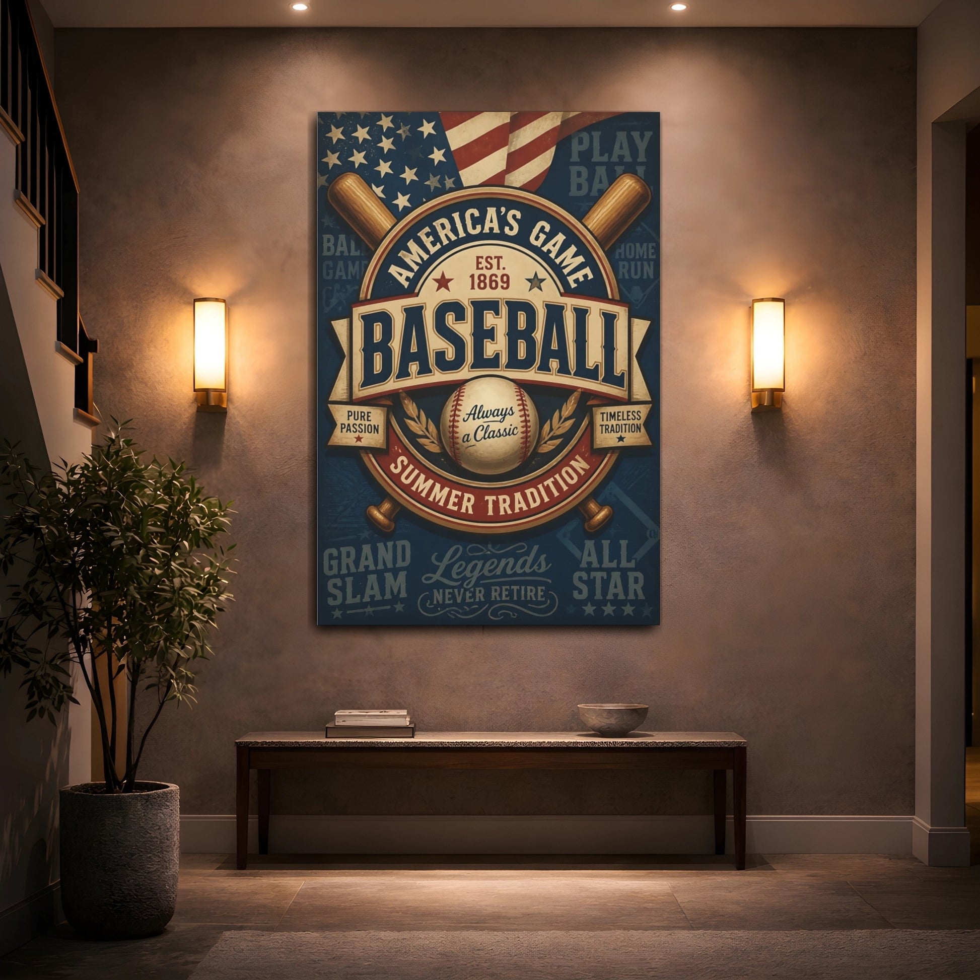 Mockup 2. Vintage Baseball Emblem shown as canvas print