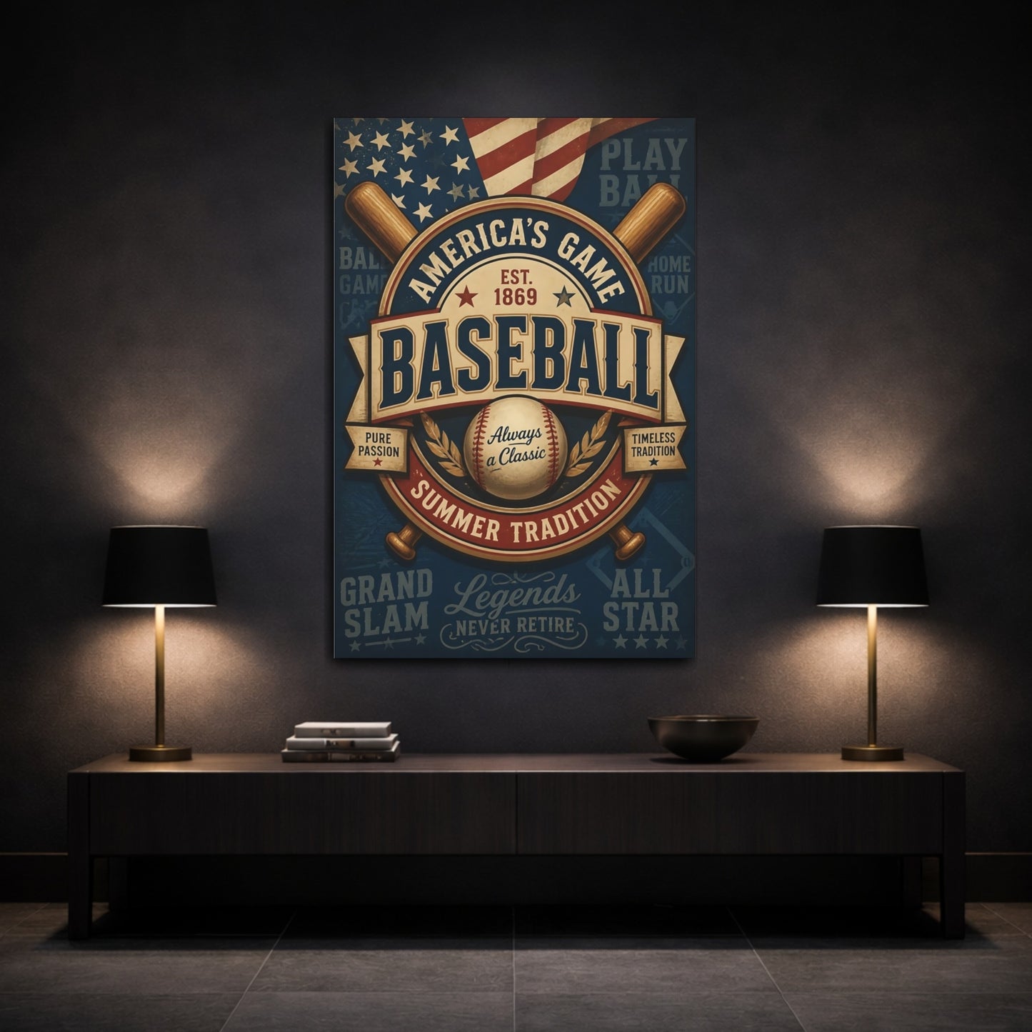Mockup 3. Vintage Baseball Emblem shown as canvas print