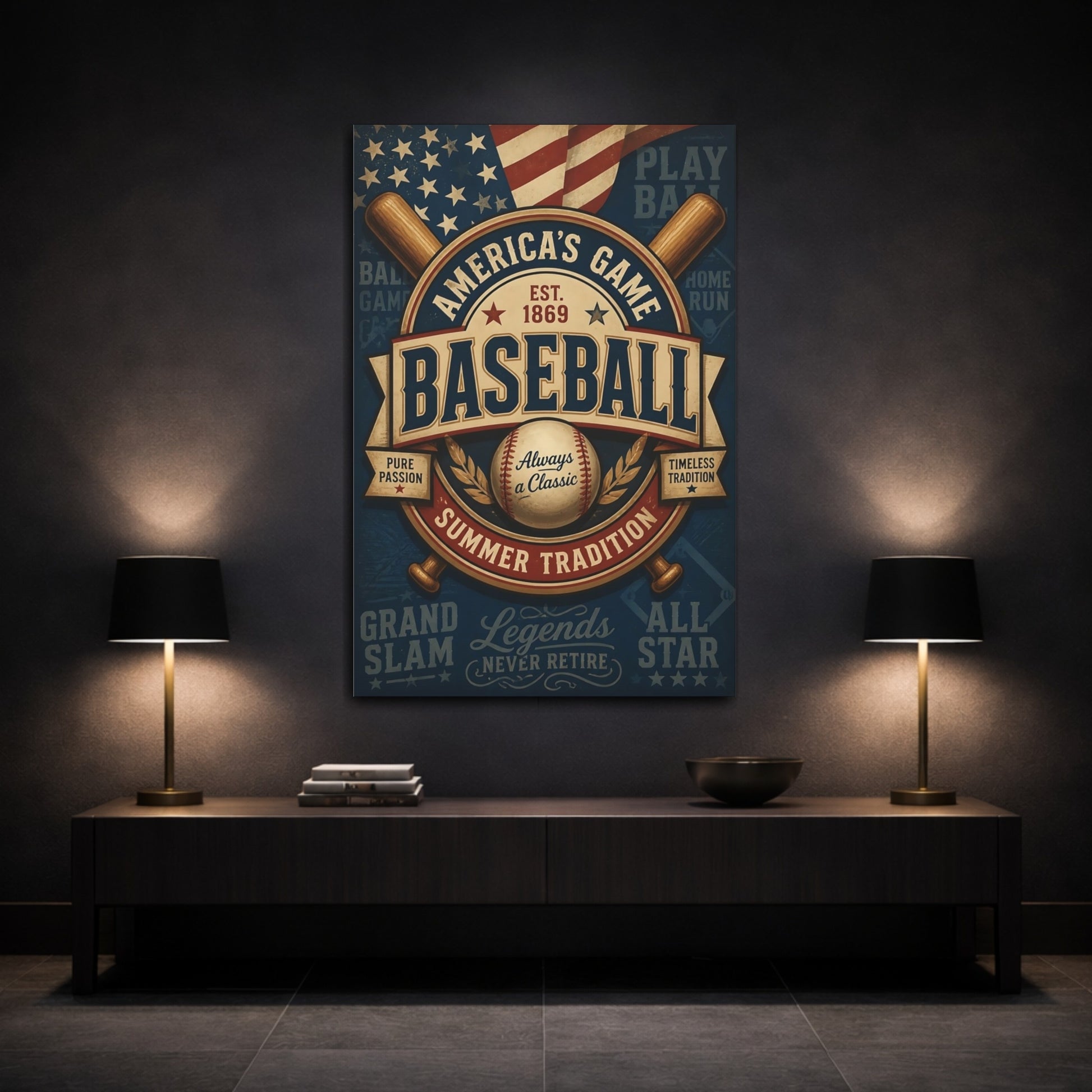 Mockup 3. Vintage Baseball Emblem shown as canvas print
