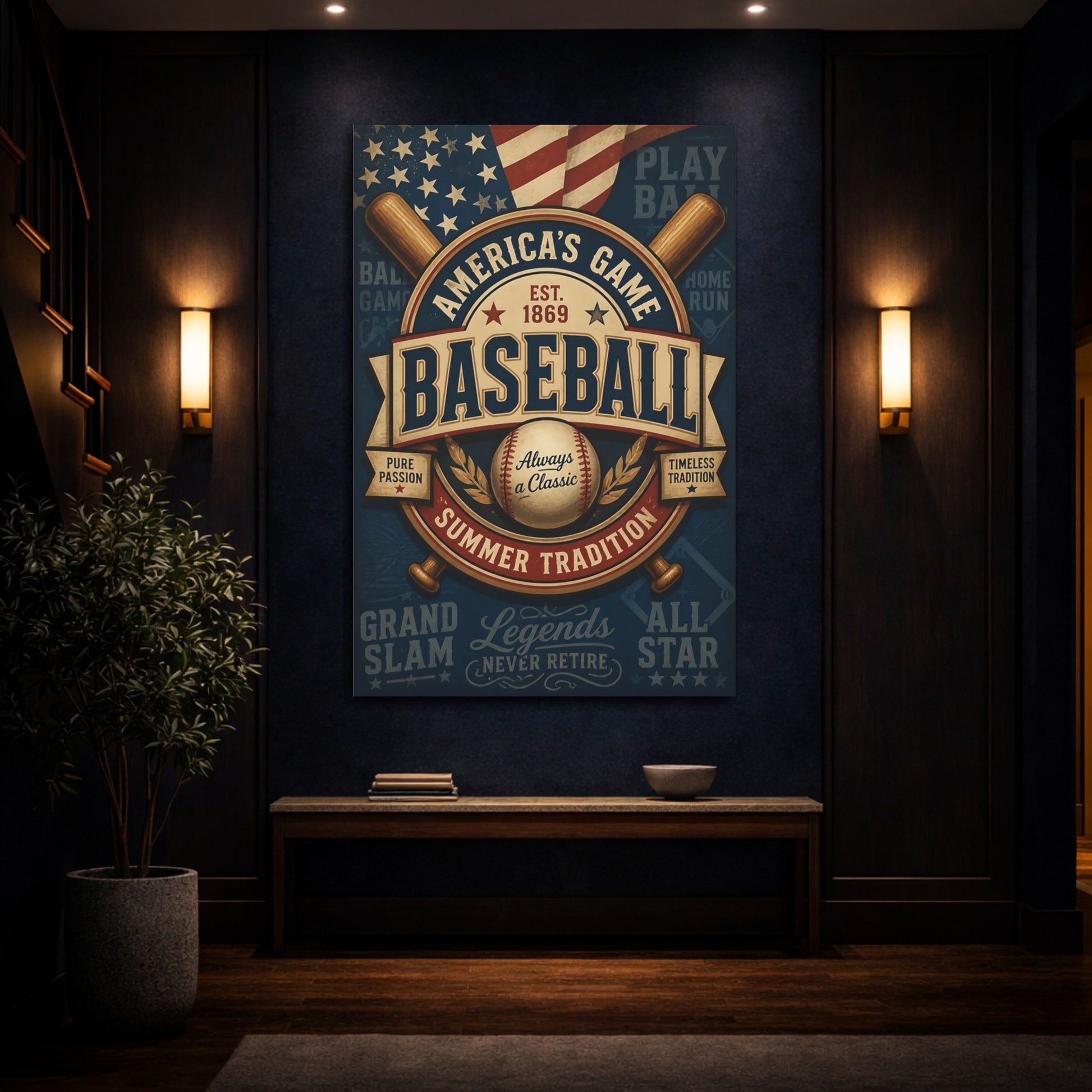Mockup 4. Vintage Baseball Emblem shown as canvas print