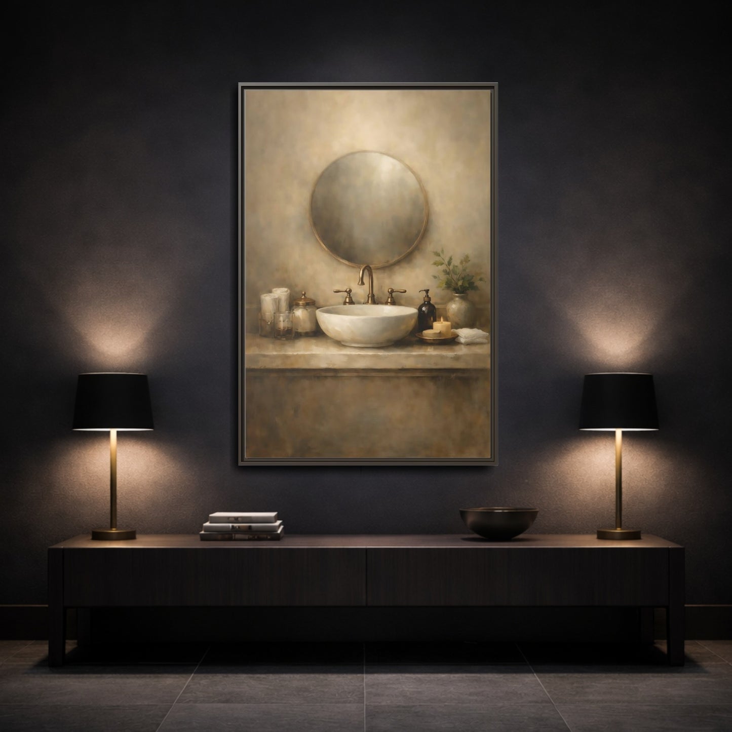 Mockup 2. Vintage Bathroom Sink Warm Bathroom shown as stretched canvas wall art