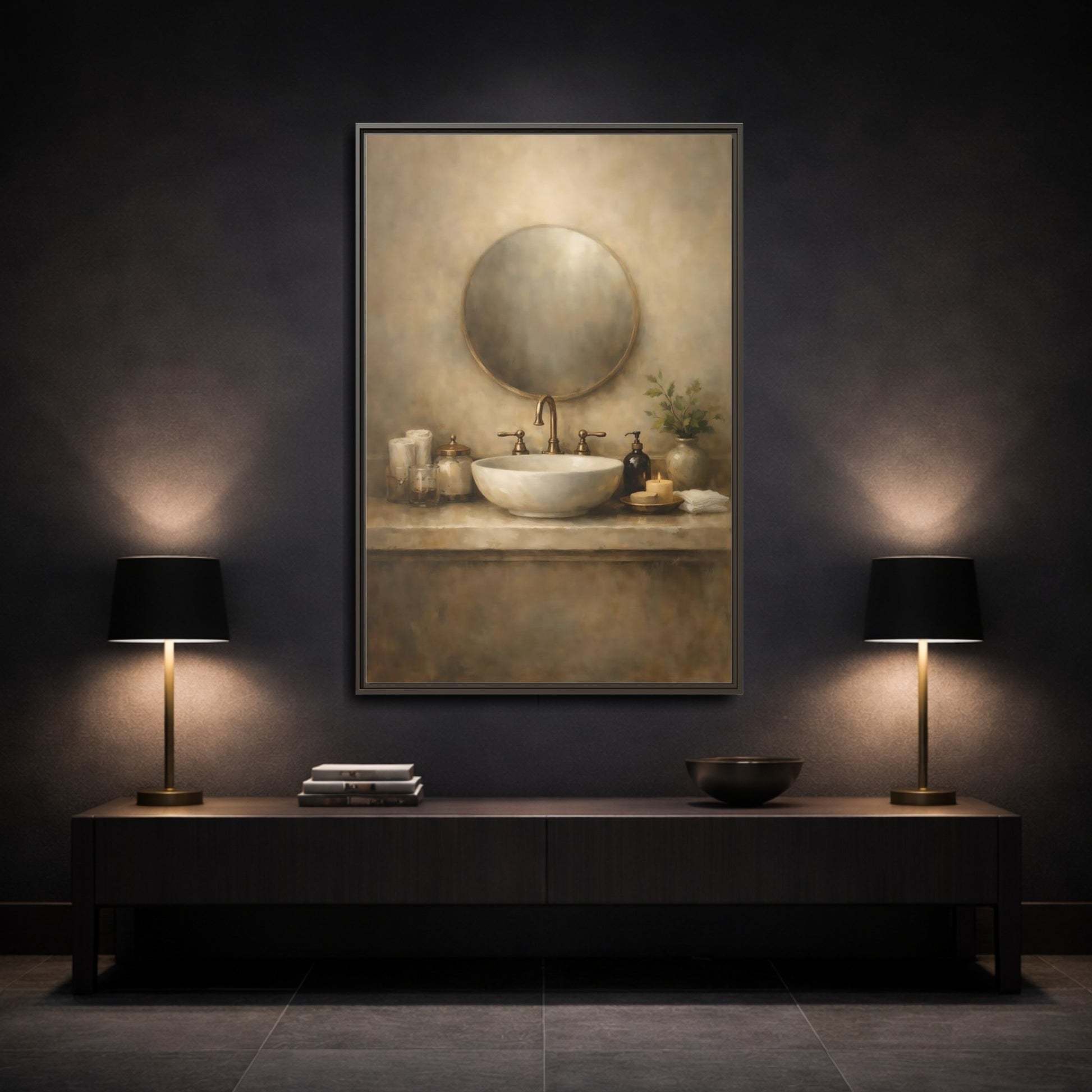 Mockup 2. Vintage Bathroom Sink Warm Bathroom shown as stretched canvas wall art
