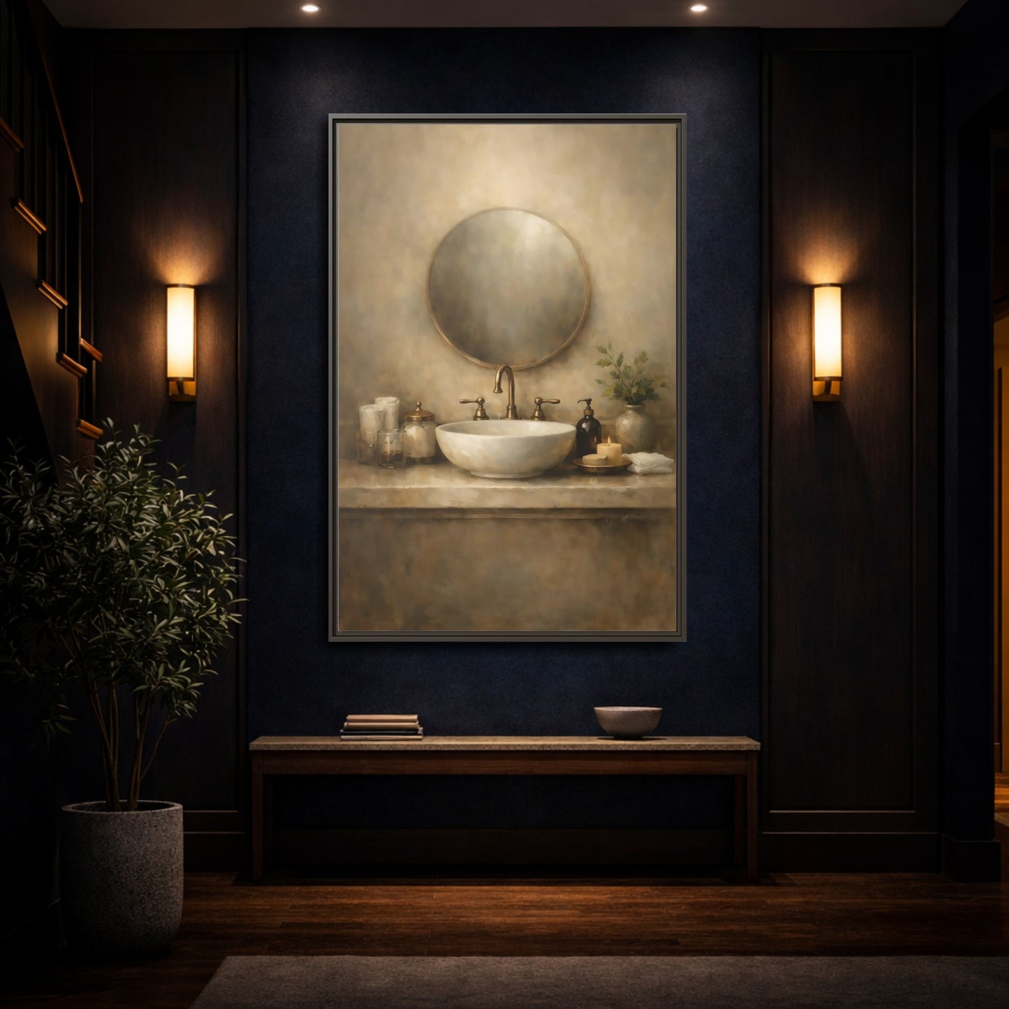 Mockup 3. Vintage Bathroom Sink Warm Bathroom shown as stretched canvas wall art